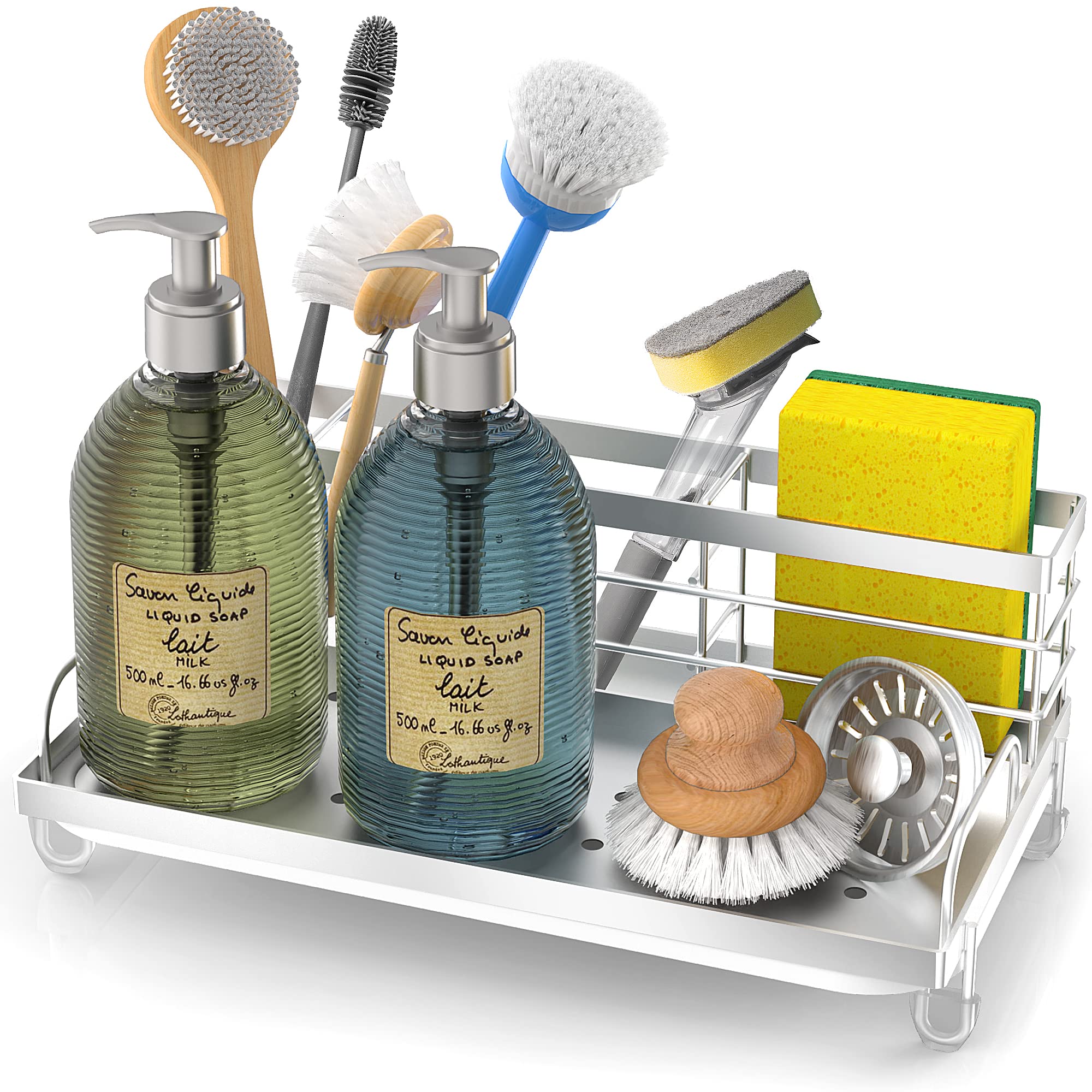 Cisily Kitchen Sink Caddy Organizer, Rustproof Non-Slip Soap Dish Dispenser Brush, Sponge Holder, Silver