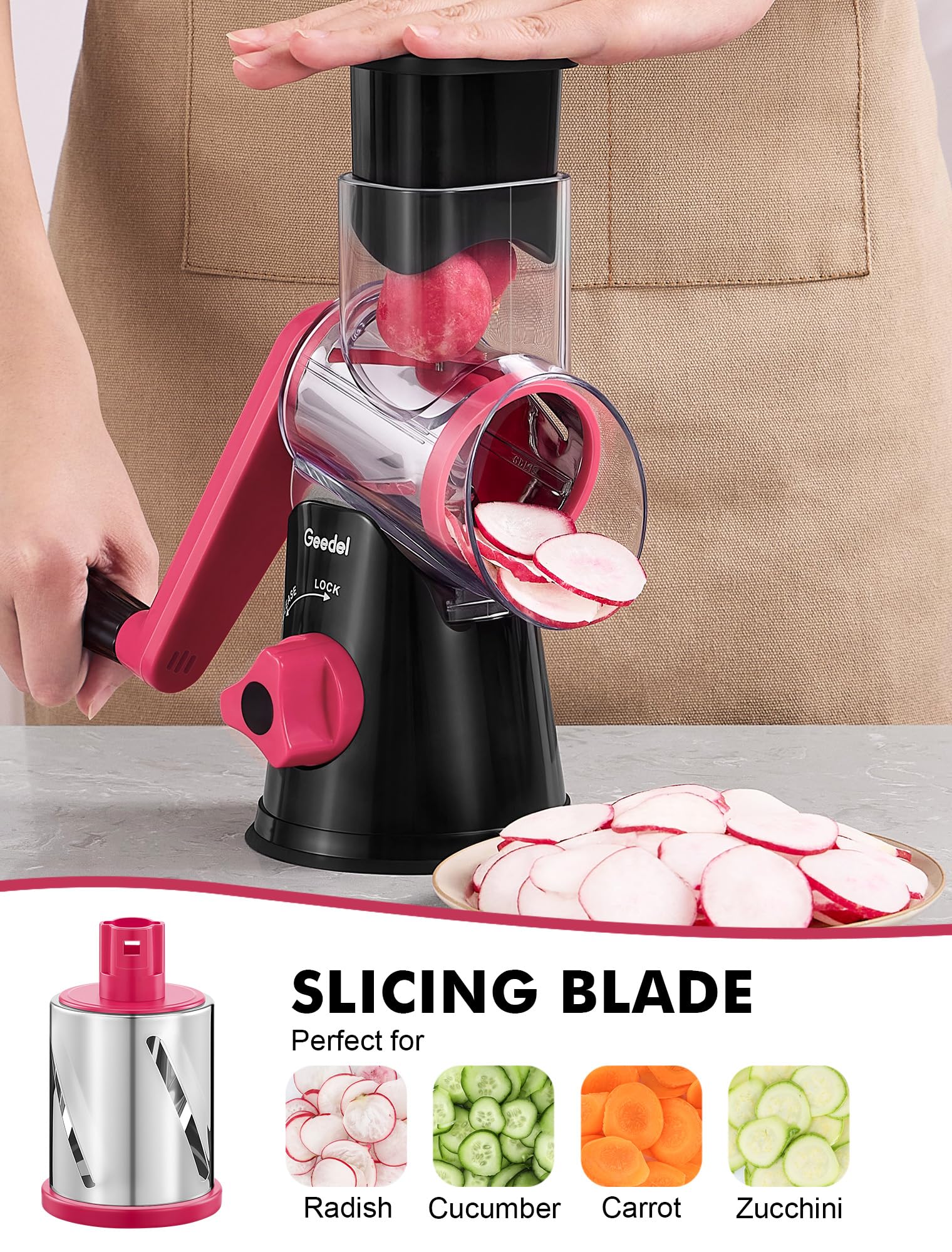 Geedel Rotary Cheese Grater, Kitchen Mandoline Vegetable Slicer with 3 Interchangeable Blades, Easy to Clean Rotary Grater Slicer for Fruit, Vegetables, Nuts