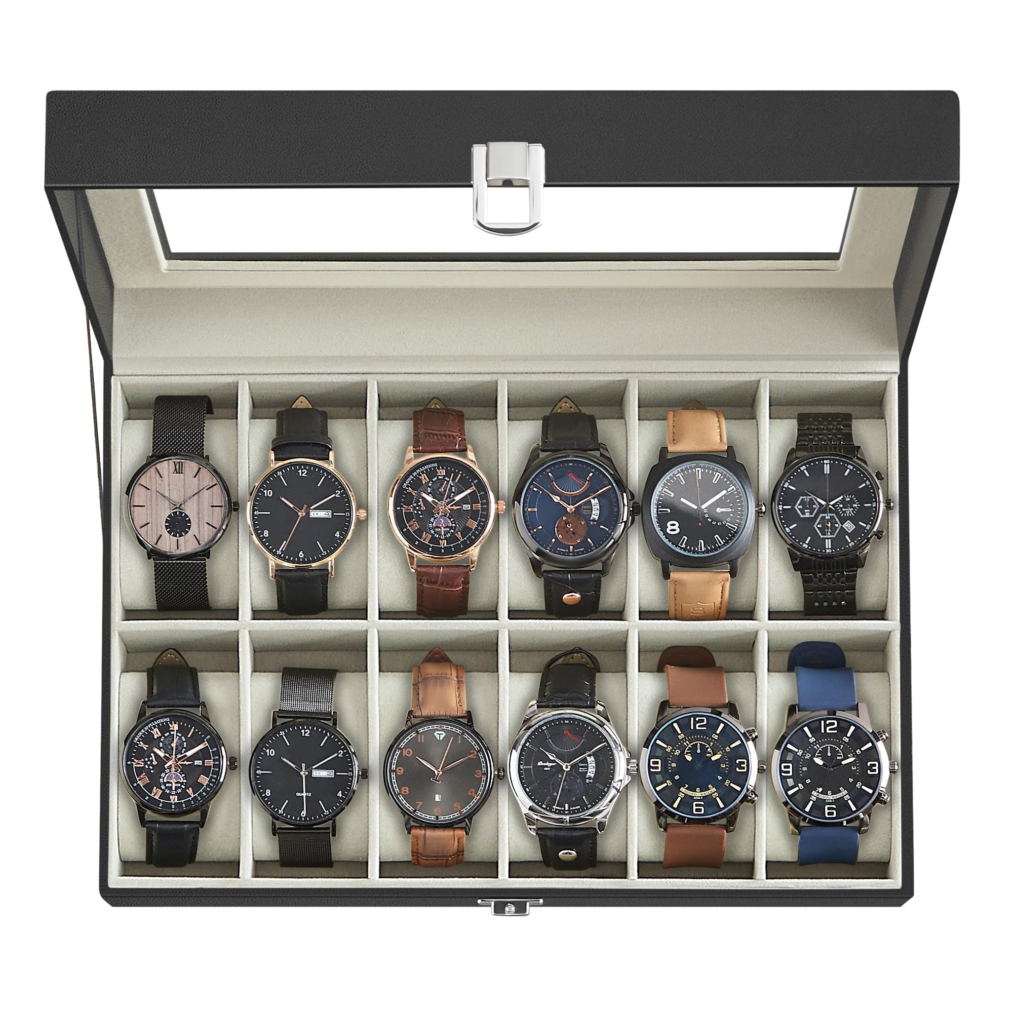 SONGMICS Watch Box, 12-Slot Watch Case Organizer with Large Glass Lid, Removable Pillows, Gift for Loved Ones, Black Synthetic Leather, Gray Lining UJWB12BK