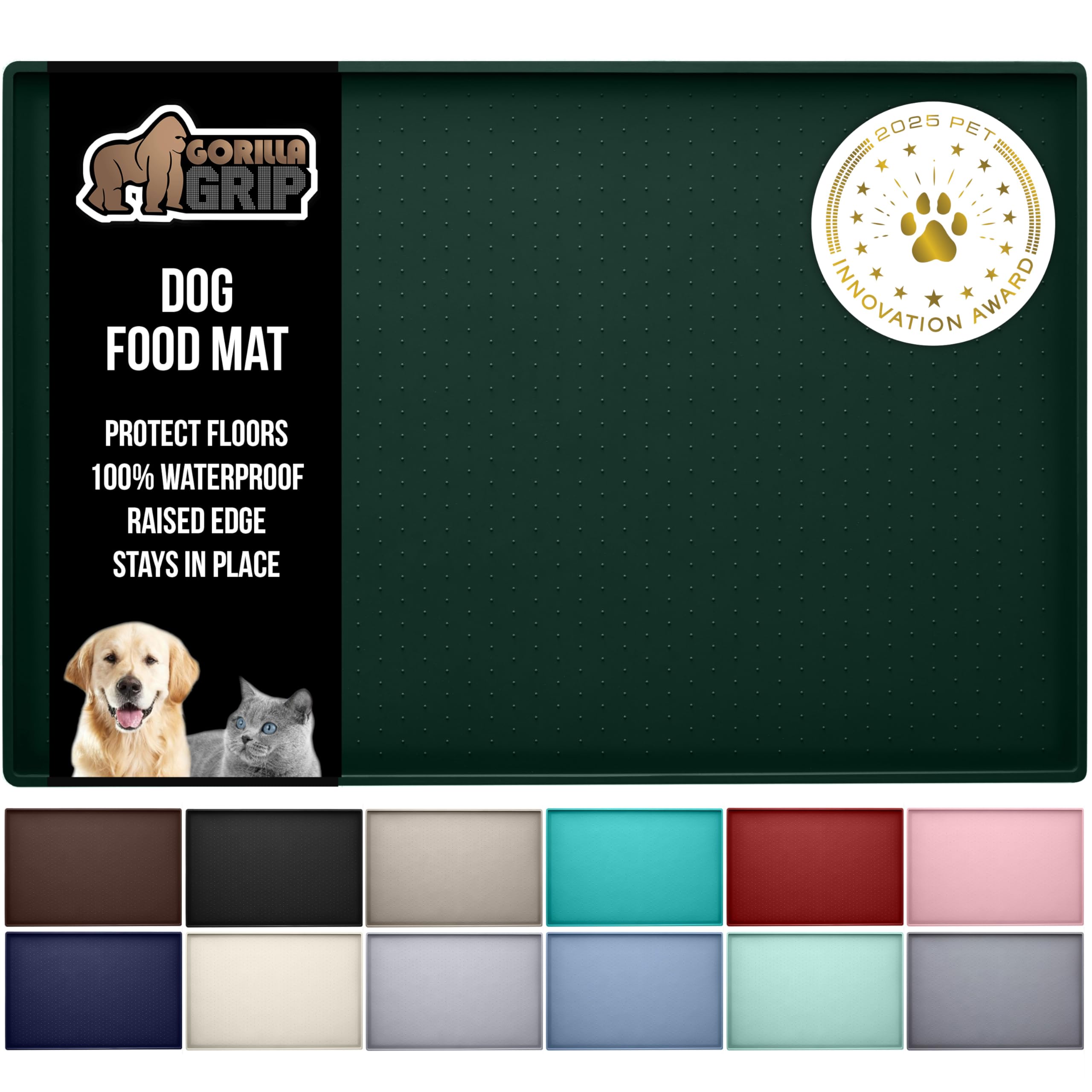 GORILLA GRIP 100% Waterproof Raised Edge BPA Free Silicone Pet Feeding Mat, Dog Cat Food Mats Contain Spills Protects Floors, Placemats for Cats and Dogs Water Bowl, Pets Accessories 18.5x11.5 Gray