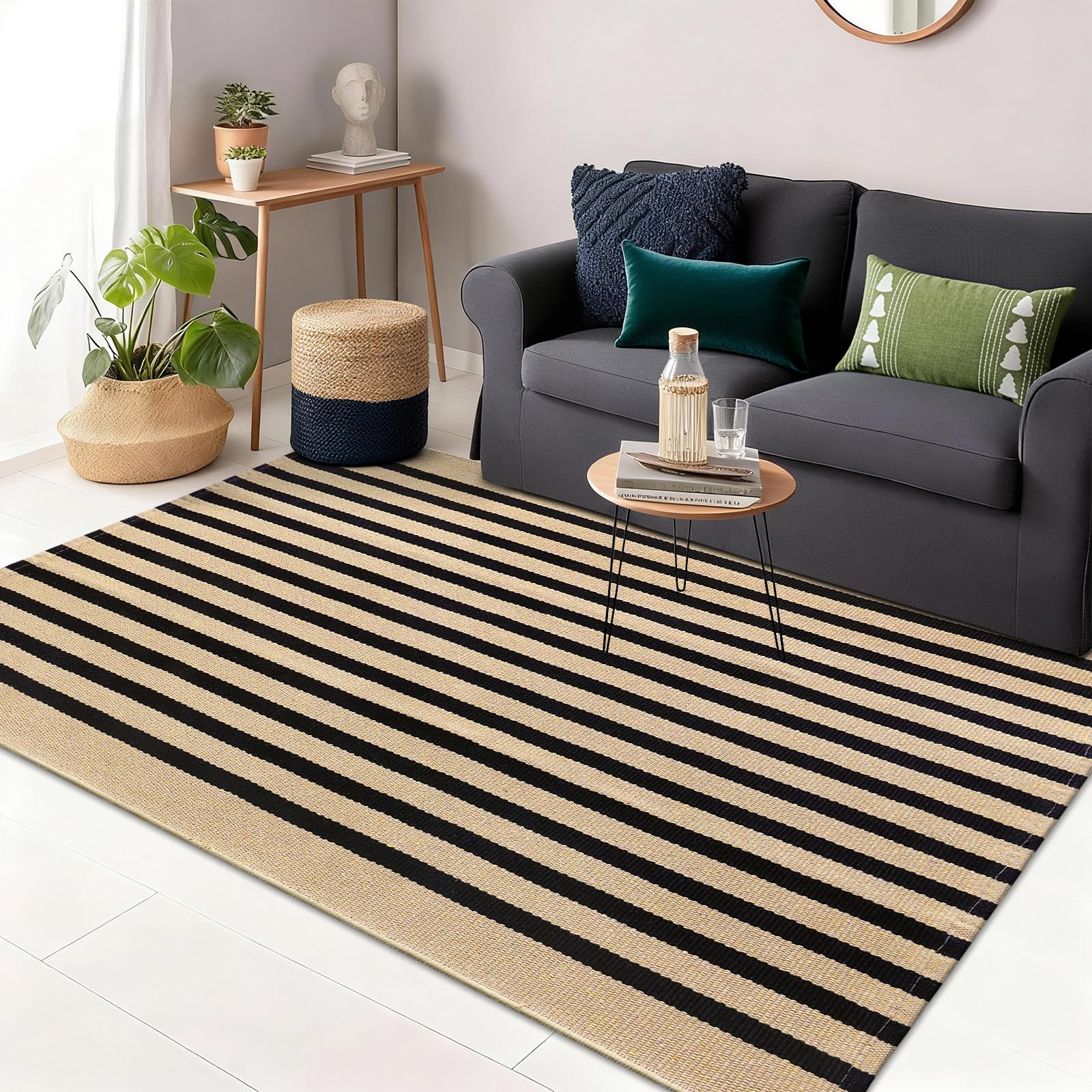 OLANLY Black and White Striped Rug 2'4" x 3'7" (27.5" x 43") – Washable Cotton Indoor Outdoor Doormat for Front Door, Entryway, Kitchen, Porch, Patio Decor