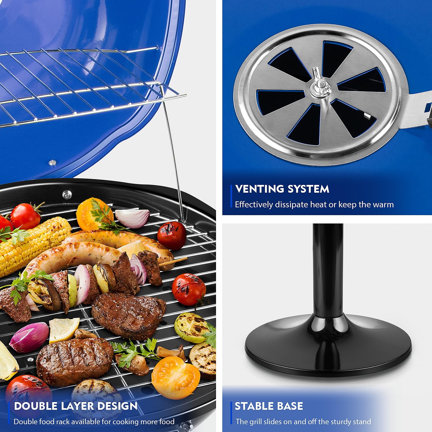 Electric Grill, Techwood Indoor/Outdoor Electric BBQ Grill, 1600W Portable Removable Stand Grill with Adjustable Heat & Drip Tray, Double Layer Design for Party, Patio & Backyard (Black)