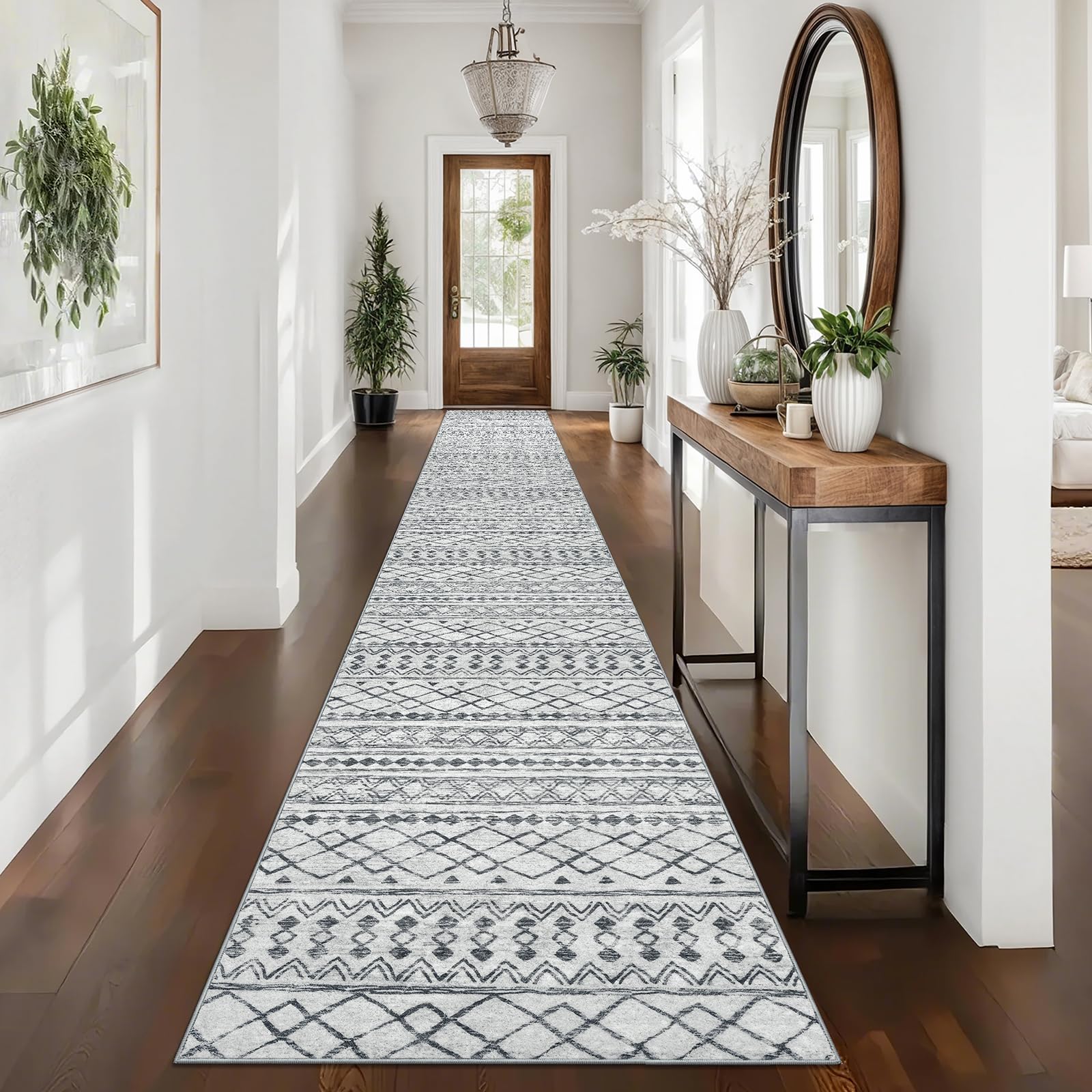 KUTA Washable Non-Slip Rugs for Entryway 2x3, Grey Moroccan Boho Small Area Rug, Ultra Soft Vintage Geometric Low-Pile Indoor Door Mat Floor Carpet for Indoor, Entrance, Kitchen, Bathroom, Bedroom