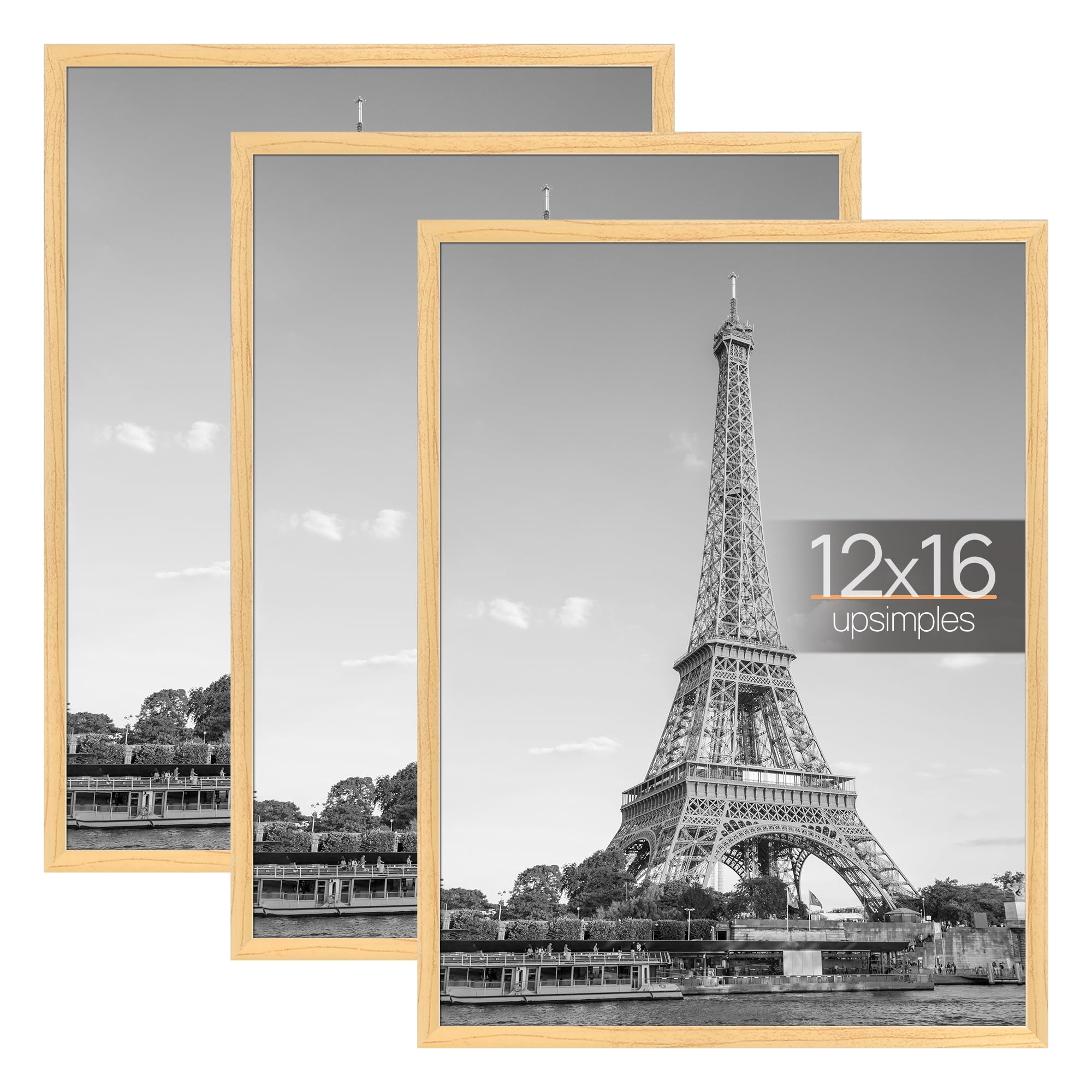 upsimples 12x16 Picture Frame Black 3 Pack, Scratch-Proof Poster Frames 12 x 16 for Photo Gallery - Slide-In Strips, Horizontal or Vertical Wall Mounting