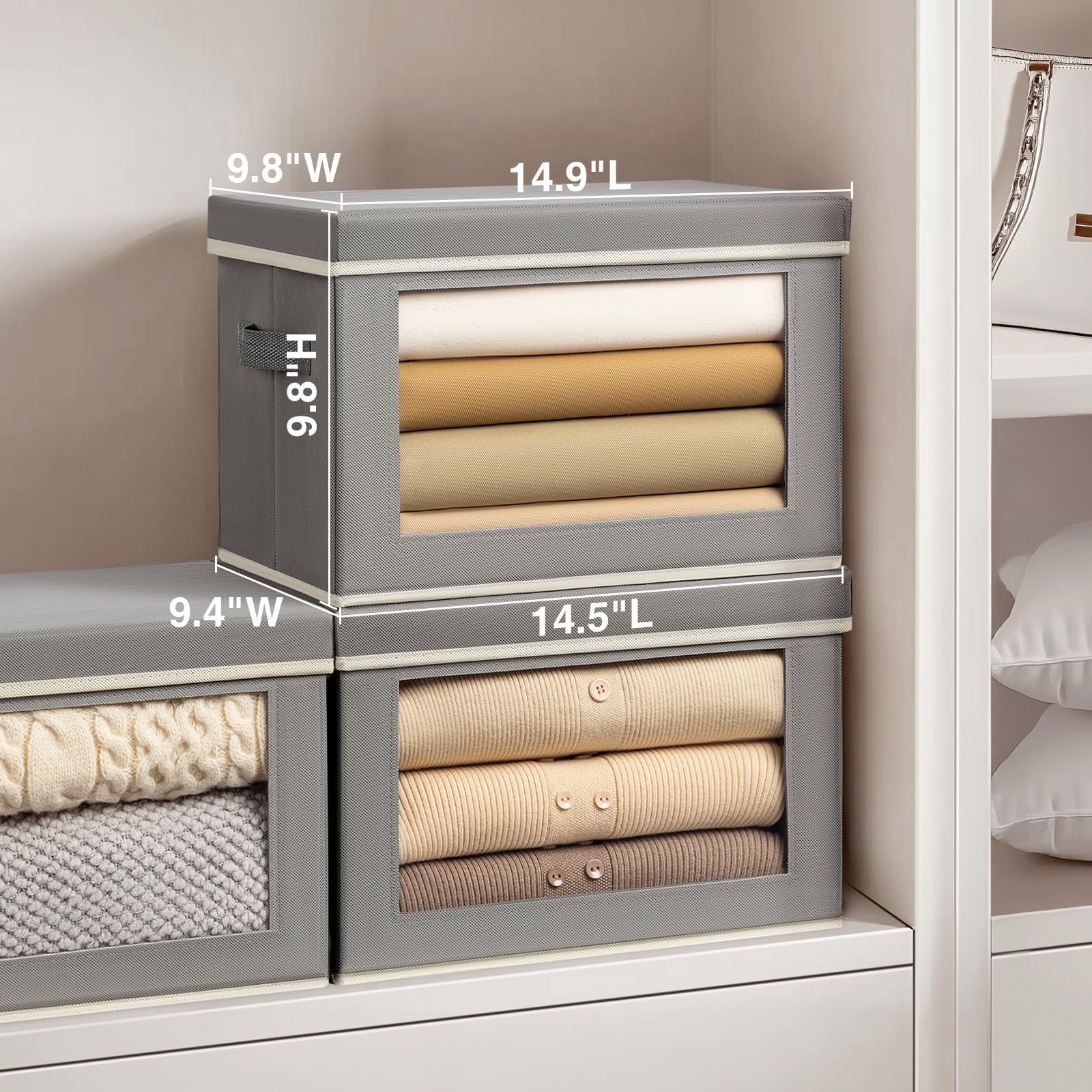 Homsorout Storage Bins with Lids - Fabric Storage Boxe with Window, Collapsible Closet Organizers with Handles, 3 Pack Decorative Bin, Home Cubes Baskets for Clothes, Hat, Books, Dark Grey