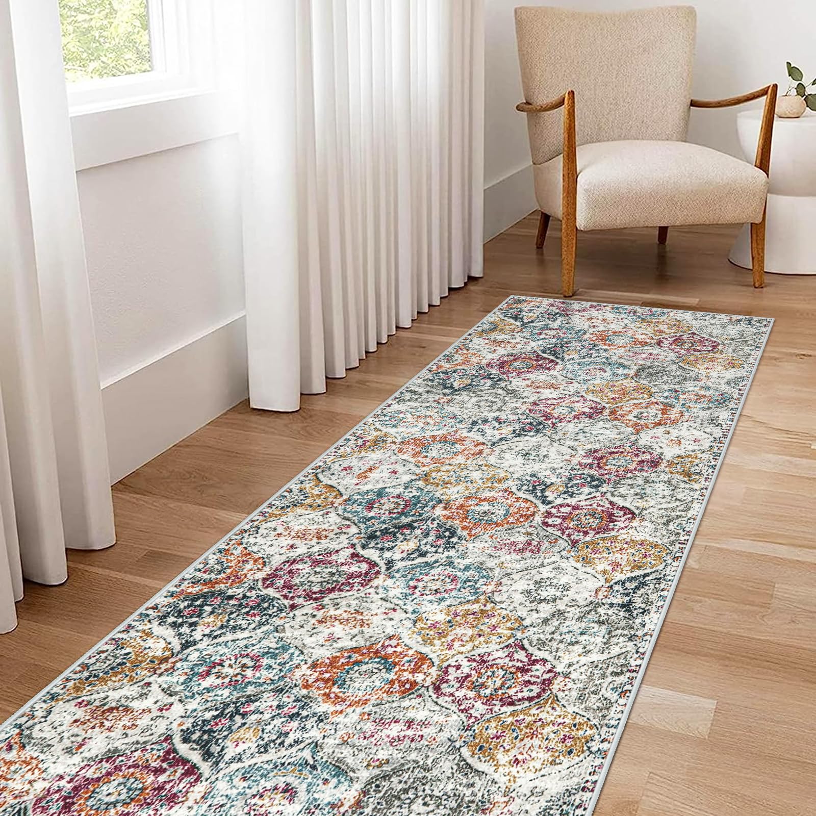 Lahome Moroccan Trellis Washable Rug, 2x3 Kitchen Rugs for Entryway Bathroom, Non-Slip Indoor Door Mat Ultra-Thin, Small Oriental Throw Carpet for Bedroom Entry Elise, Cream/Multi