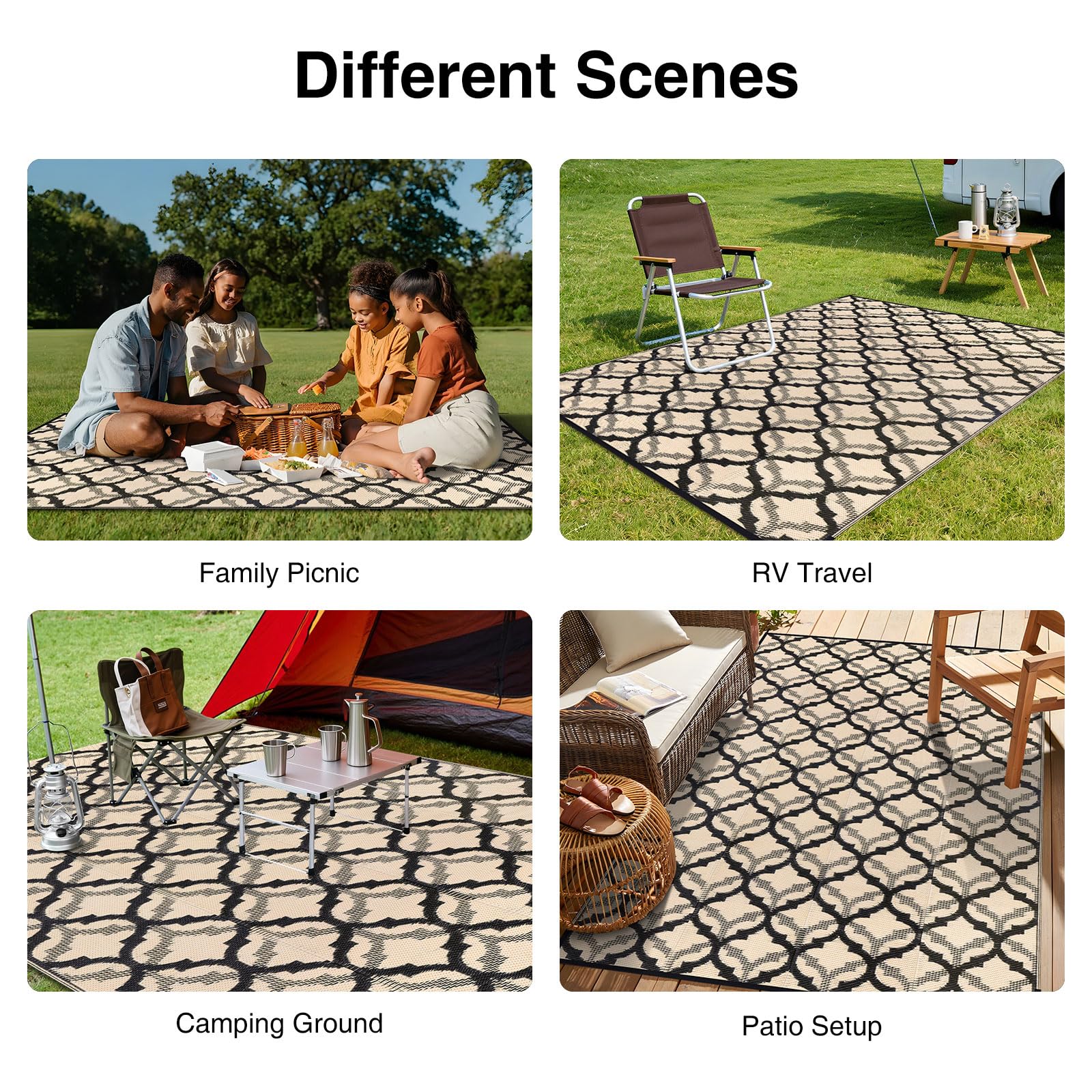 OLANLY Waterproof Outdoor Rug 5x8 ft, Outdoor Plastic Straw Rug for Camping, RV Mat Outside, Indoor Outdoor Carpet for Porch, Deck, Backyard, Balcony, Picnic, Black & White