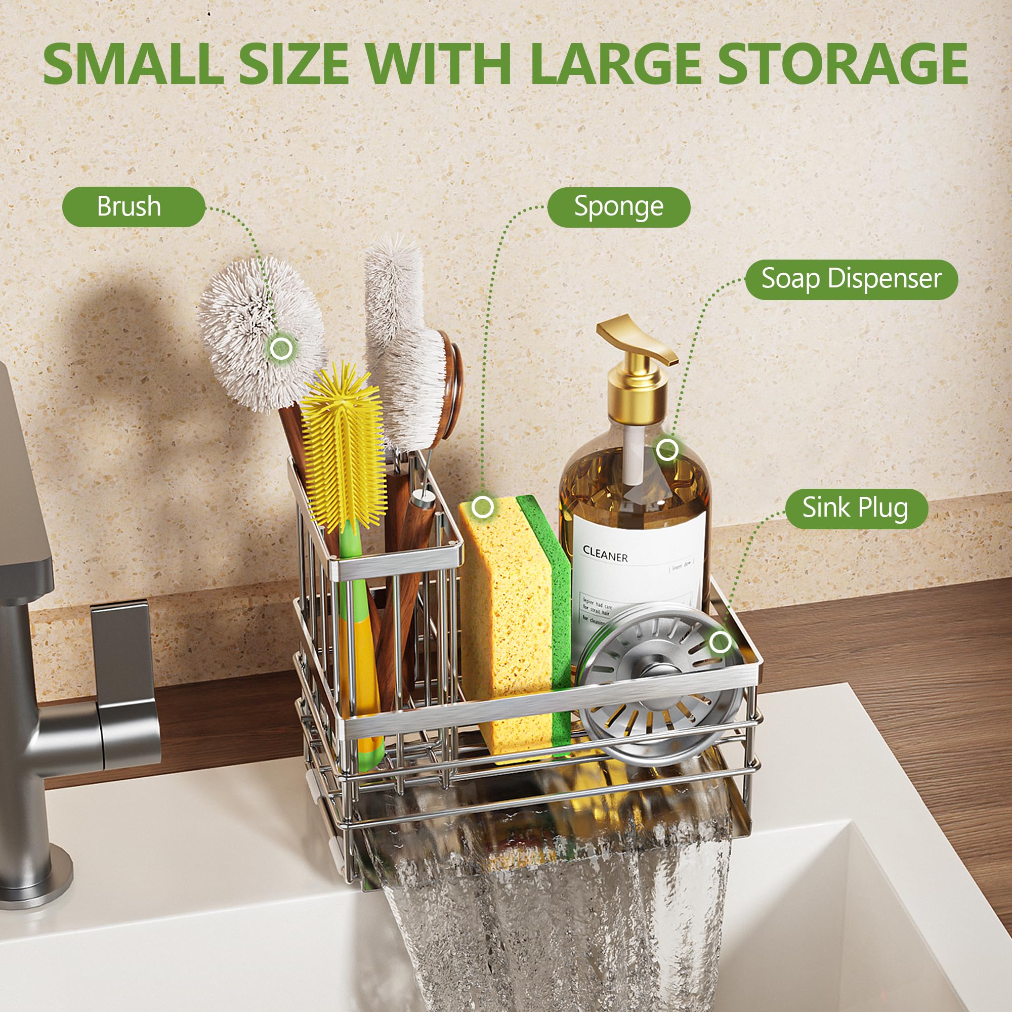 Cisily Sink Caddy Sponge Holder for Kitchen with Brush Holder and Stainless Steel Self Drain Tray, Rustproof Kitchen Sink Organizer for Sponge, Soap Dispenser Storage Accessories (Black)