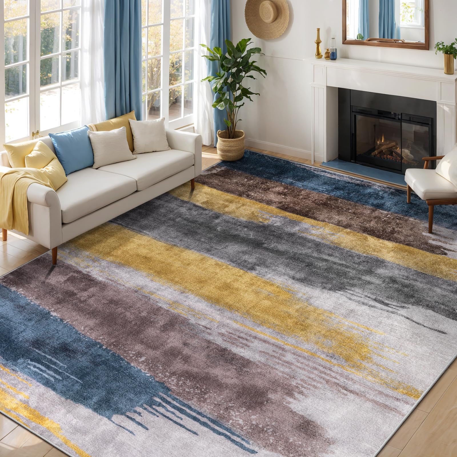 Ciicool Modern Abstract Area Rug 2x3 Washable Small Entryway Rug, Non-Slip Low Pile Throw Rug, Foldable Kitchen Bathroom Rugs, Blue Grey Floor Carpet for Entrance Living Room Bedroom Indoor Doormat