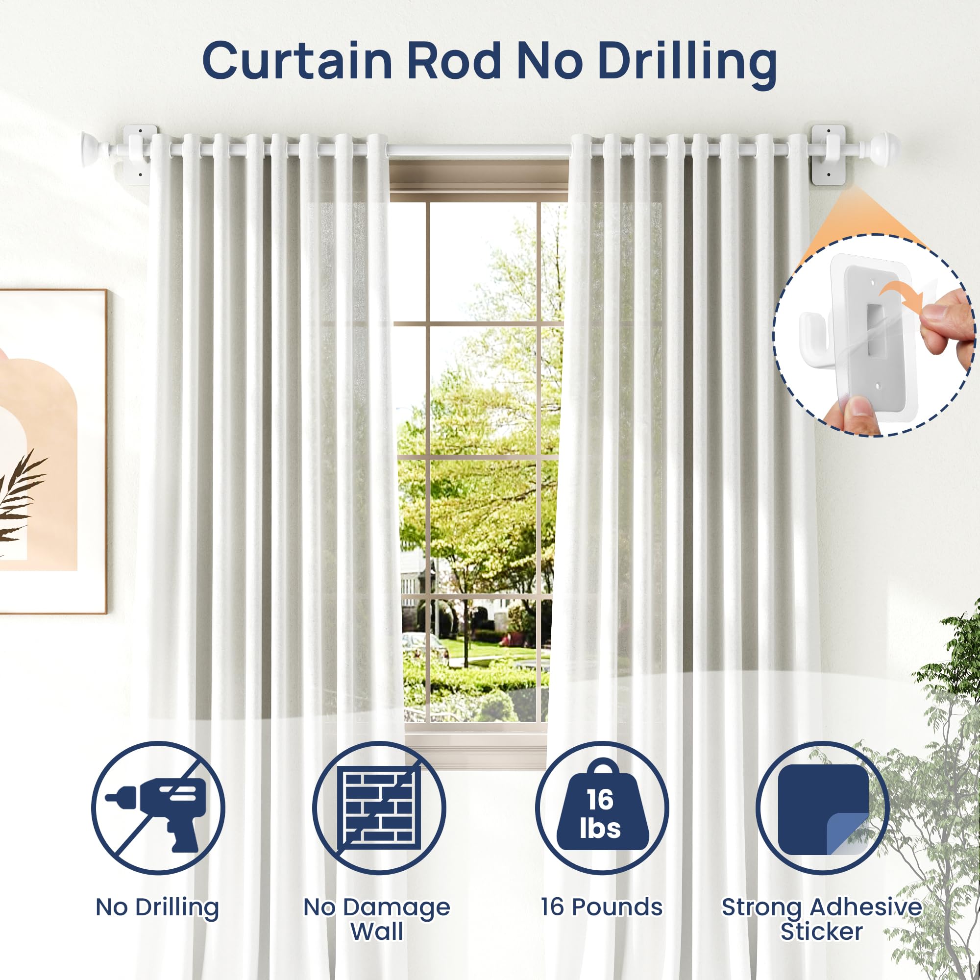 ENJOYBASICS No Drill Curtain Rods for Window 28 to 47 Inches, 5/8 Inch Diameter Renter Friendly Drapery Rod with Adhesive Brackets without Drilling, Adjustable from 27 to 52 Inches, Black