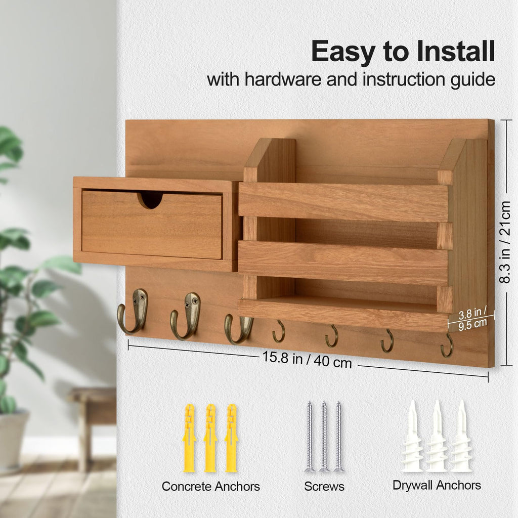 Wall Mount Key Holder with Mail Organizer, 100% Paulownia Wood, 7 Metal Hooks, Storage Drawer, Entryway Home Decor (Brown)