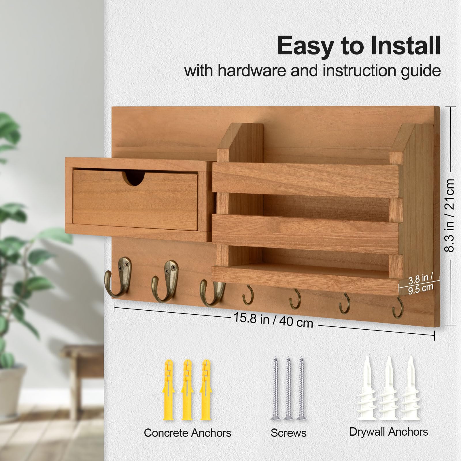 Wall Mount Key Holder with Mail Organizer, 100% Paulownia Wood, 7 Metal Hooks, Storage Drawer, Entryway Home Decor (Brown)