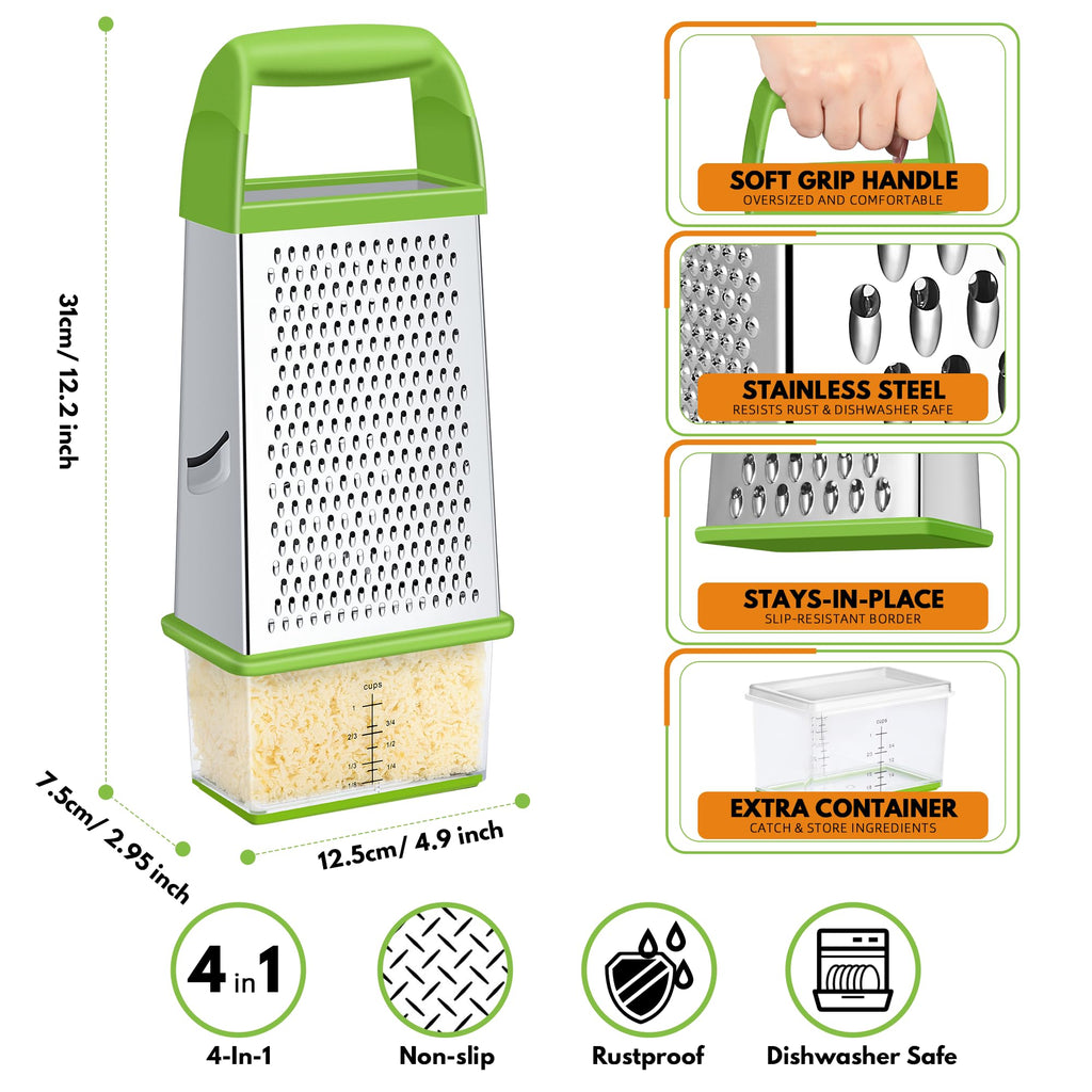 Urbanstrive Cheese Grater With Container Box Grater Stainless Steel Graters for Kitchen Cheese Shredder Parmesan Shredder Kitchen Gadgets Kitchen Tools Kitchen Gifts for Chef Dishwasher Safe Zester