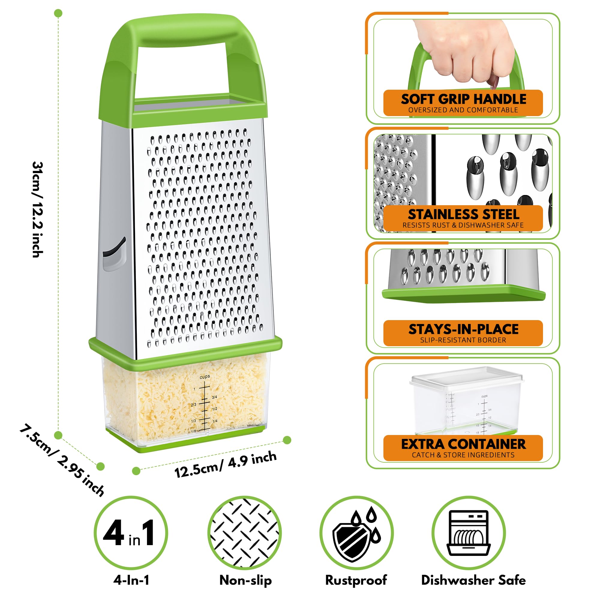 Urbanstrive Cheese Grater With Container Box Grater Stainless Steel Graters for Kitchen Cheese Shredder Parmesan Shredder Kitchen Gadgets Kitchen Tools Kitchen Gifts for Chef Dishwasher Safe Zester