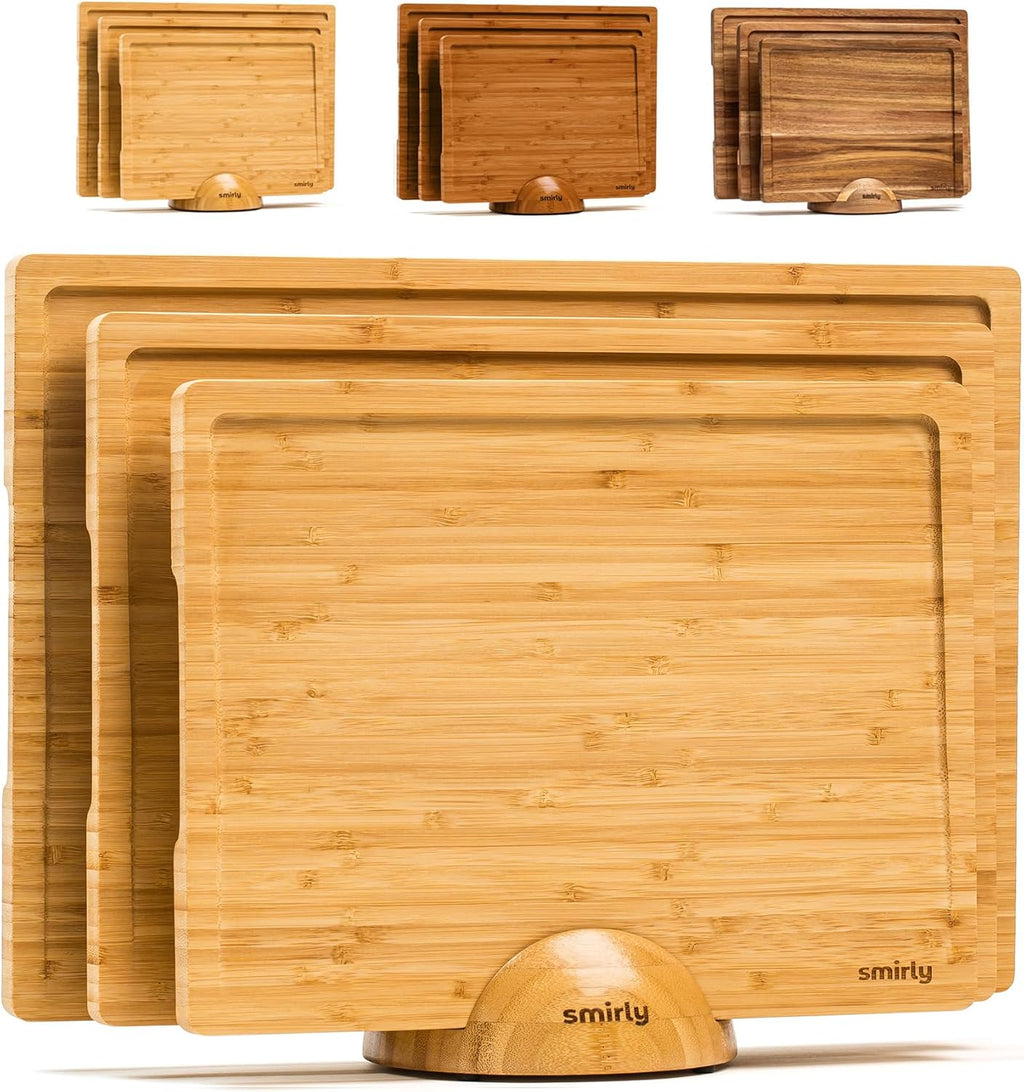 SMIRLY Kitchen Essentials Bundle: Premium Bamboo Cutting Board Set with Holder & 22-Piece Walnut Cooking Utensils Set - Ultimate Wood and Silicone Kitchen Tools for Every Culinary Need