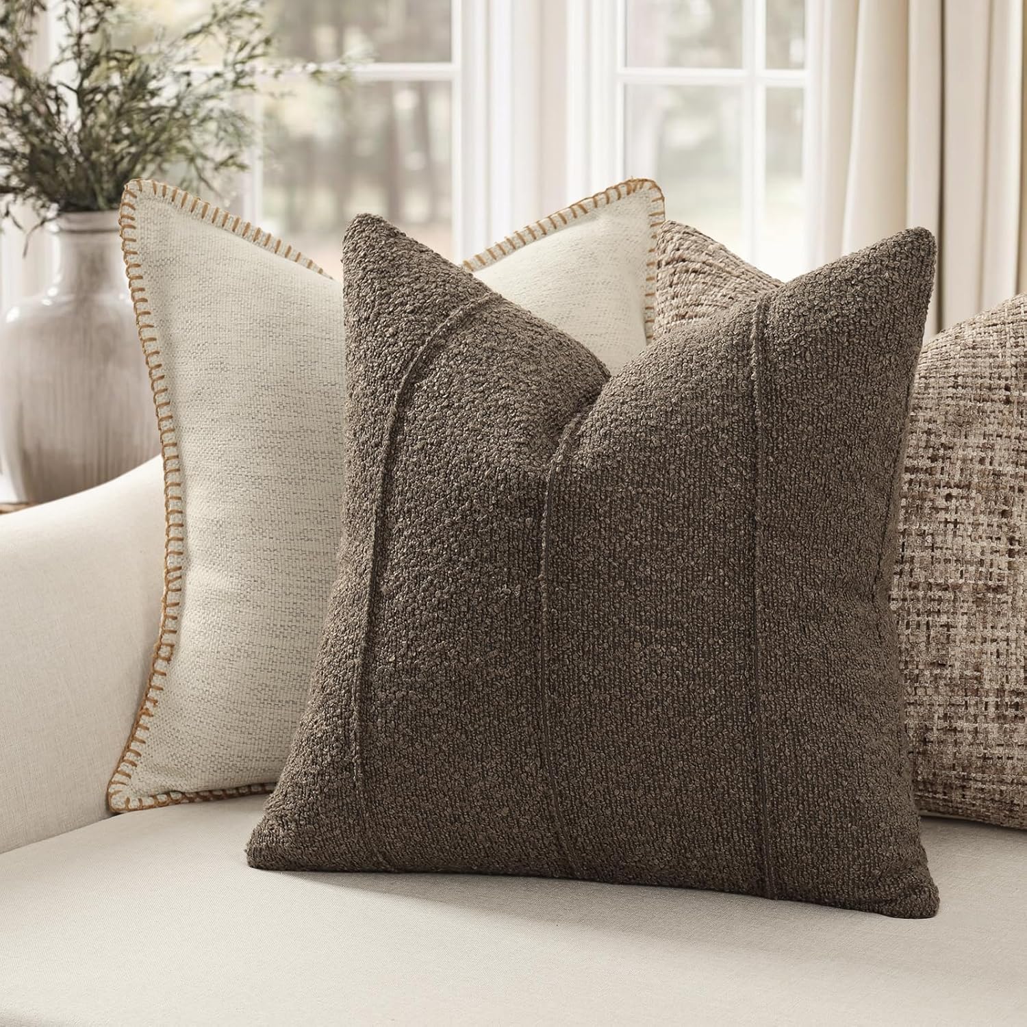 YCOLL Brown&Beige Textured Boucle Throw Pillow Covers