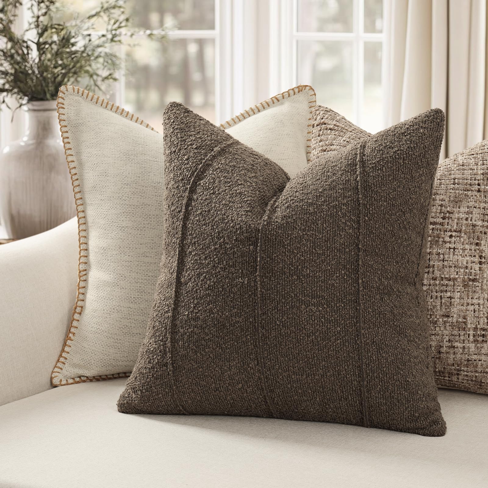 YCOLL Textured Boucle Throw Pillow Covers 20x20 Pack of 2 - Soft Neutral Striped Cushion Covers, Cozy Accent Decorative Pillow Covers for Couch, Sofa, Bed, Living Room (Beige)