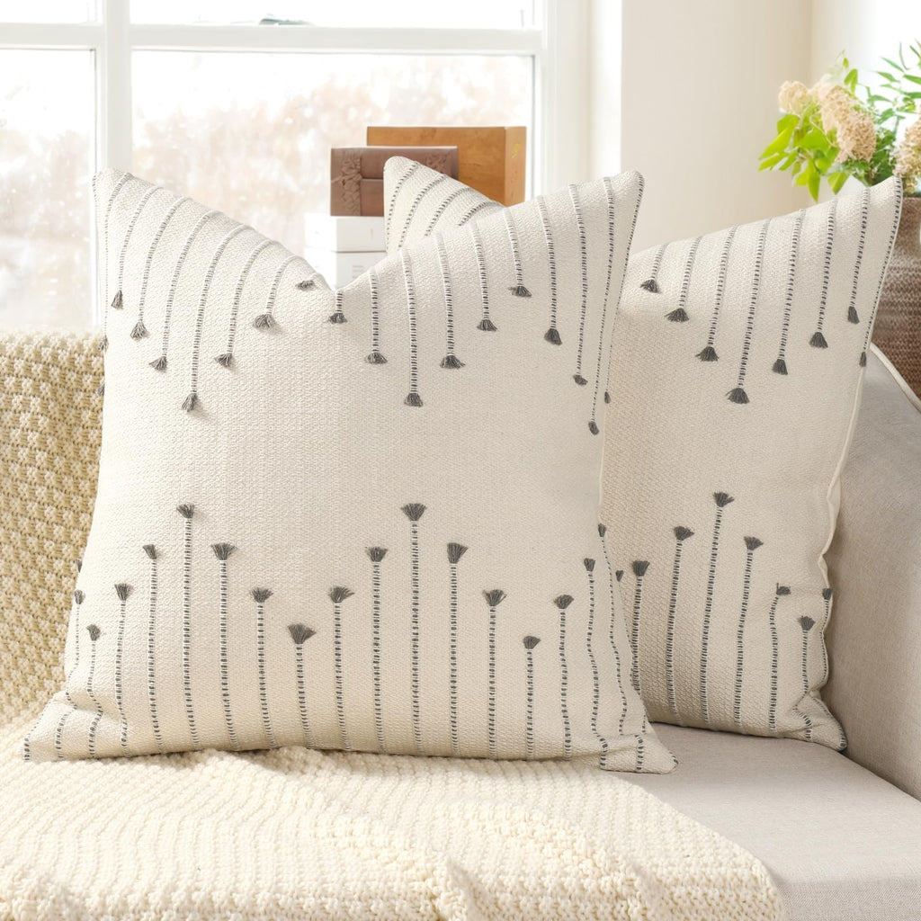 Boho Outdoor Throw Pillow Covers 18x18 Set of 2 Neutral Woven Decorative Pillowcases Cotton Tufted Couch Pillows Modern Farmhouse Cushion Covers for Sofa Couch Bed Living Room Home Decor, Navy Blue