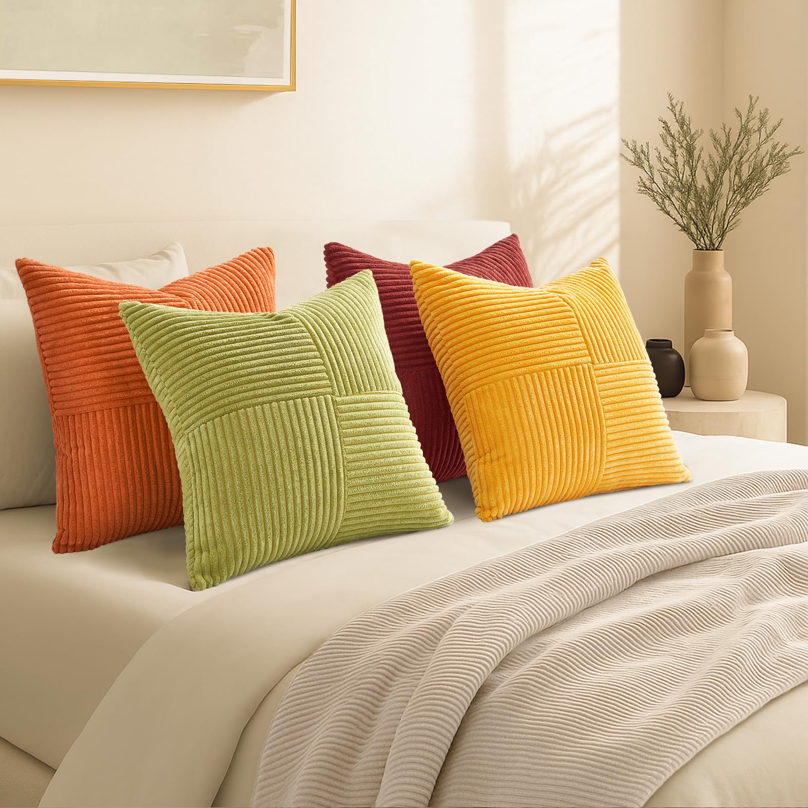 Topfinel SageGreen Throw Pillow Covers 18X18 Inch Set of 4,Boho Farmhouse Cozy Cushion Cover with Corduroy,Soft Accent Forest Green Pillow Covers for Couch,Bed,Living Room Home Decor