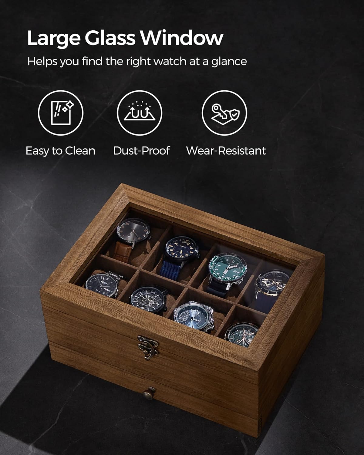 SONGMICS 8-Slot Watch Box, 2-Tier Watch Display Case with Large Glass Lid, Removable Watch Pillows, Velvet Lining, Jewelry Box, Gift Idea, Rustic Walnut UJOW008K01