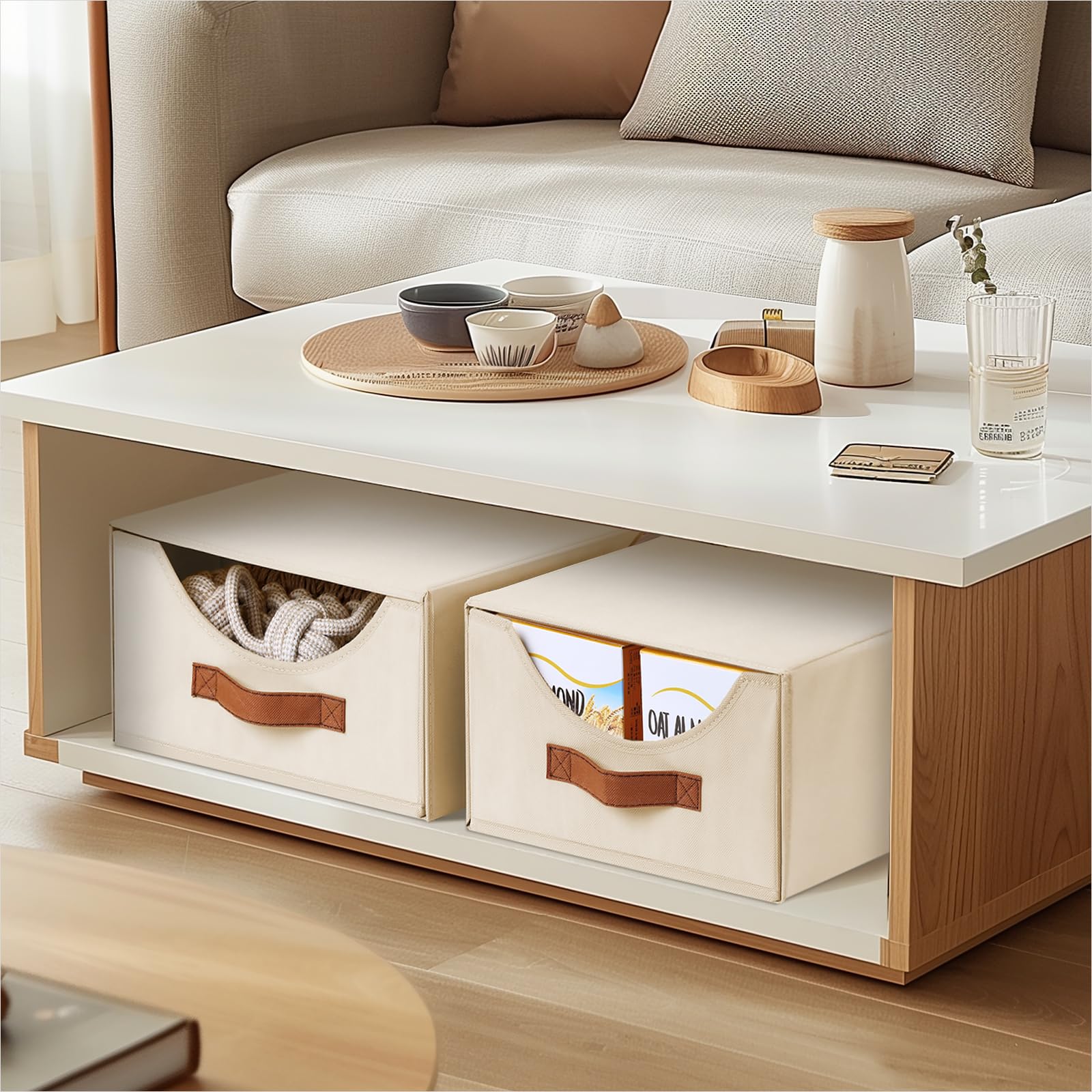 Homsorout Stackable Storage Drawers - Collapsible Storage Bins with Drawers, 4 Pack Closet Shelf Organizer Basket, Fabric Pull Out Organizer for Bedroom, Living Room, Dorm, Beige