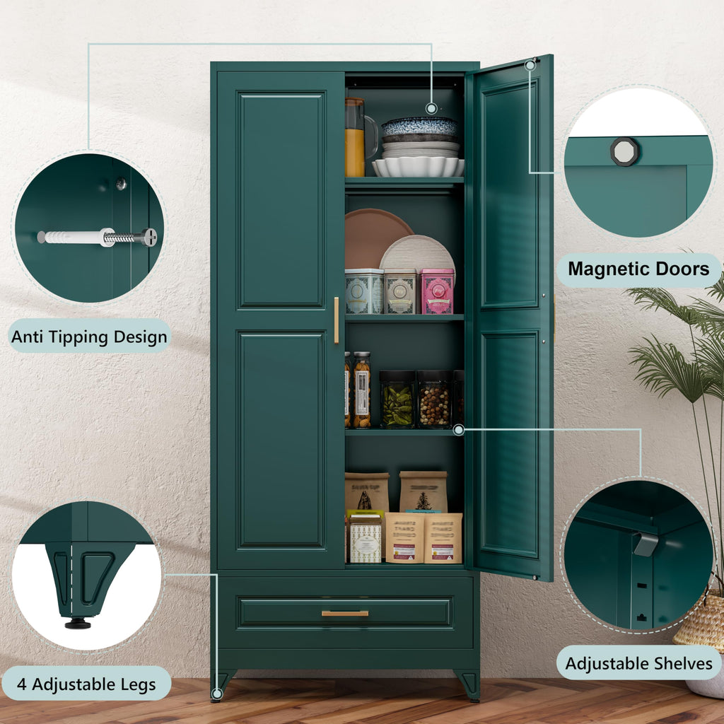 75" Tall Metal Kitchen Storage Cabinet,White Kitchen Pantry Storage Cabinet with Doors and 4 Adjustable Shelves,Utility Cabinet for Living Room,Garage,Dining Room and Office,Assemble Required