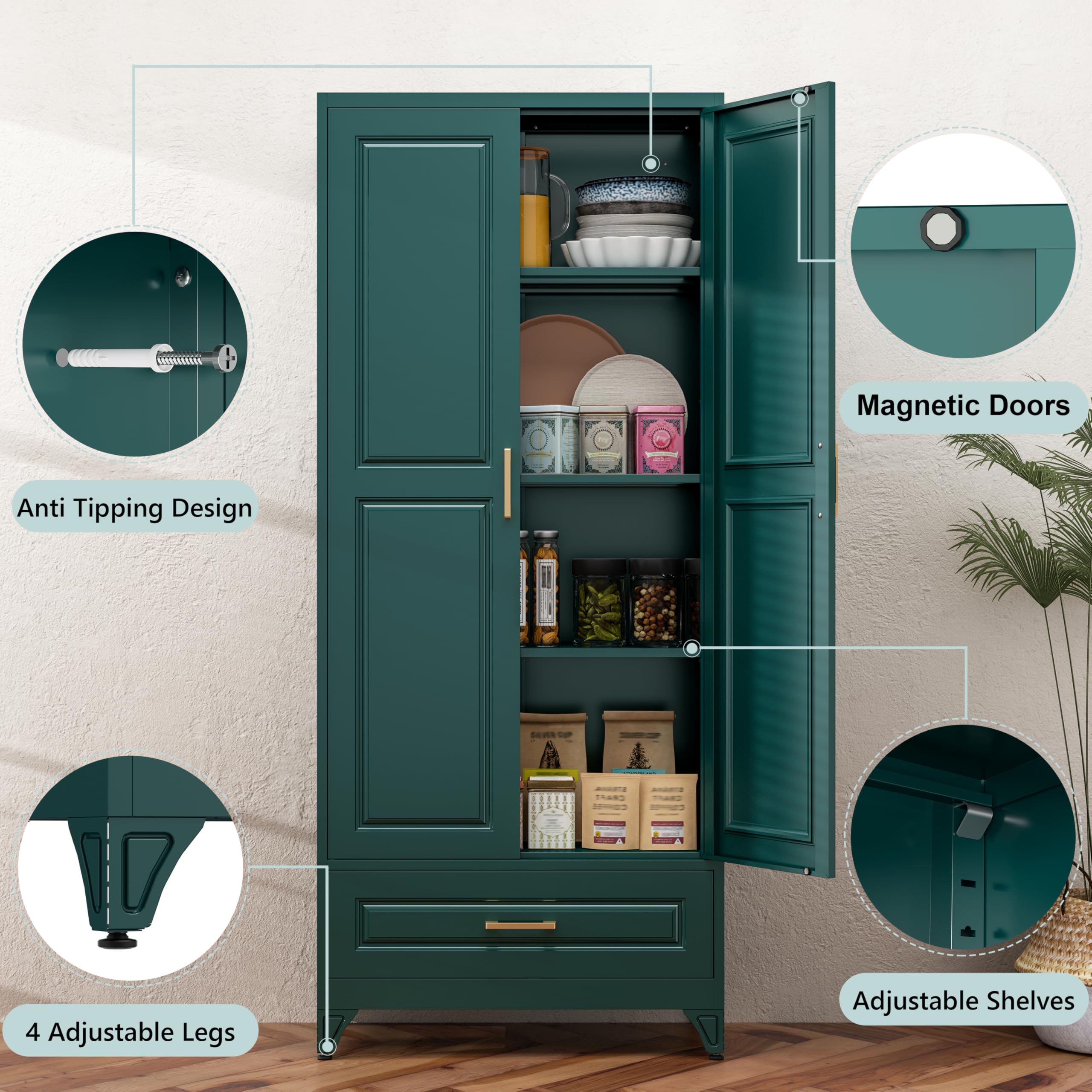 75" Tall Metal Kitchen Storage Cabinet,White Kitchen Pantry Storage Cabinet with Doors and 4 Adjustable Shelves,Utility Cabinet for Living Room,Garage,Dining Room and Office,Assemble Required