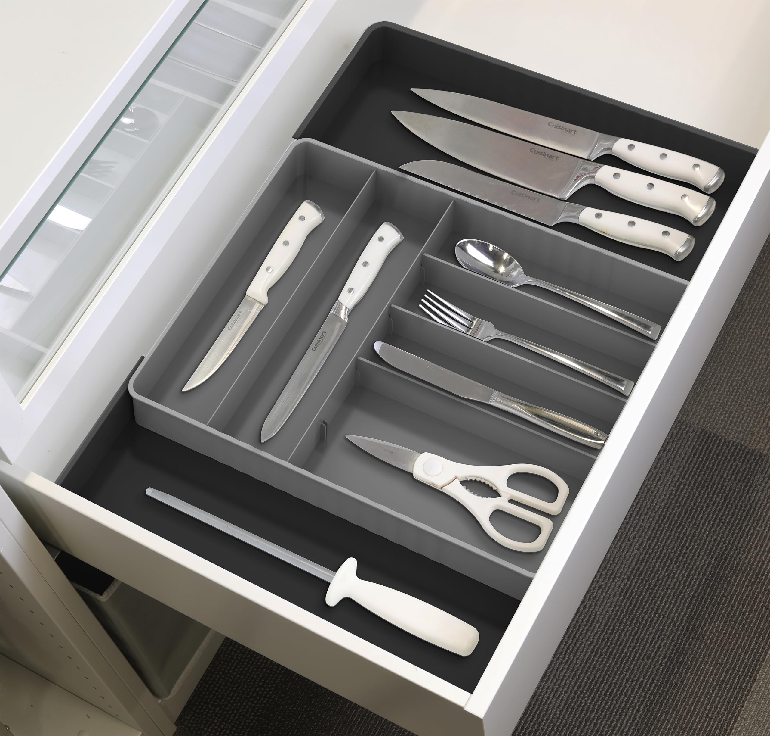 Simple Houseware Expandable & Adjustable Cutlery Drawer Organizer - Large Utensil and Flatware Tray for Kitchen Drawers, White