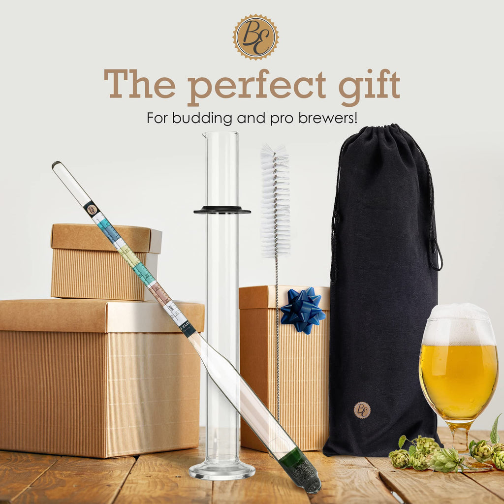 Brewer's Elite Hydrometer & Plastic Test Jar - for Home Brew Beer, Wine, Mead and Kombucha - Deluxe Triple Scale Set, Hardcase and Cloth - Specific Gravity ABV Tester