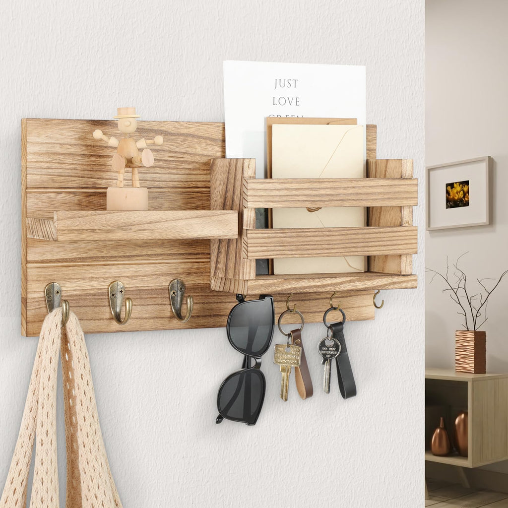 Mail Organizer for Wall Mount – Key Holder with Shelf Includes Letter Holder and Hooks for Coats, Dog Leashes – Rustic Wood with Flush Mounting Hardware (16.5” x 8.7” x 3.5”)