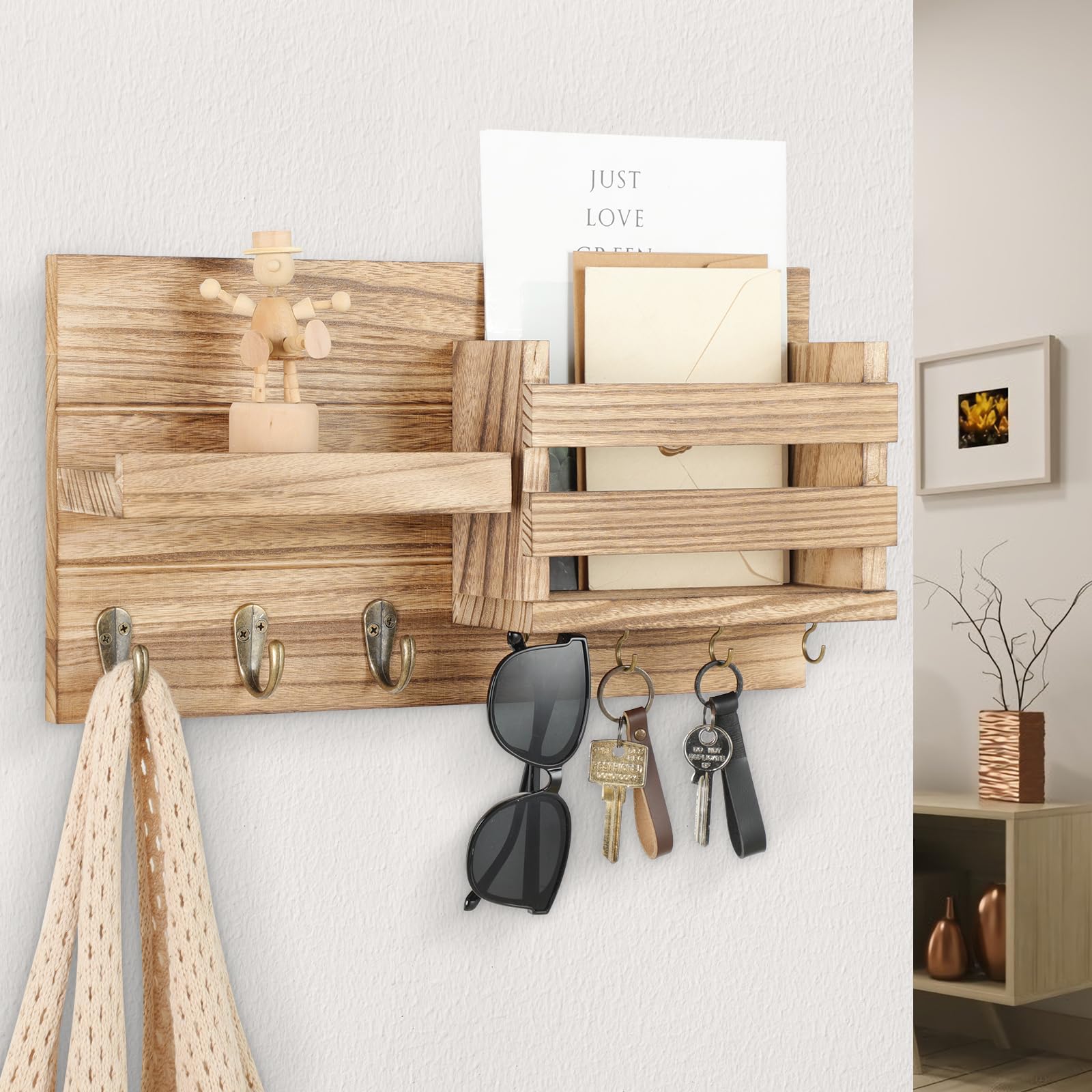 Mail Organizer for Wall Mount – Key Holder with Shelf Includes Letter Holder and Hooks for Coats, Dog Leashes – Rustic Wood with Flush Mounting Hardware (16.5” x 8.7” x 3.5”)