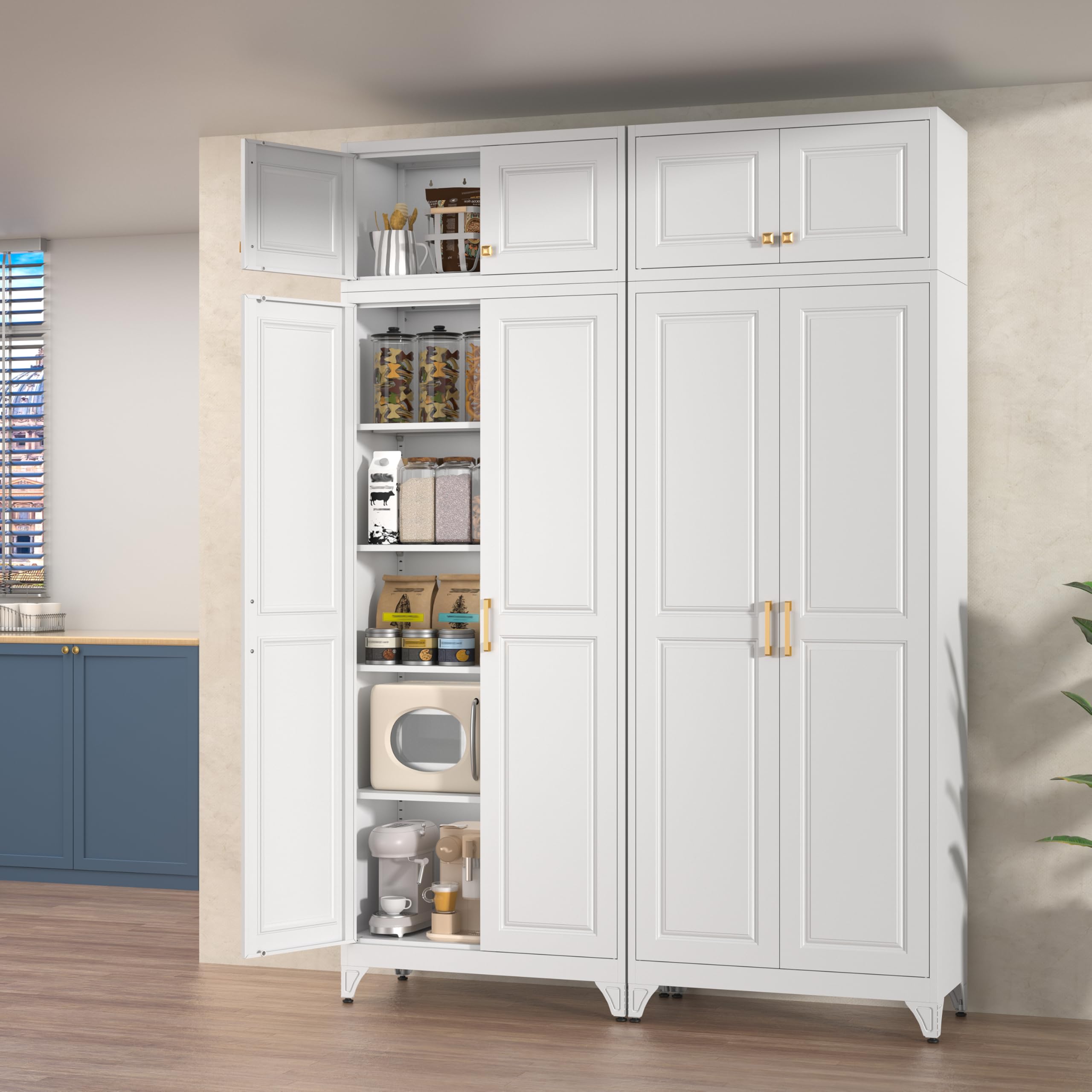 Polup White Kitchen Pantry Cabinet, 71 Inch Tall Metal Storage Cabinet with Doors and Shelves, Pantry Cabinets for Kitchen Storage, Freestanding Cupboard for Living, Dining Room, Assemble Required
