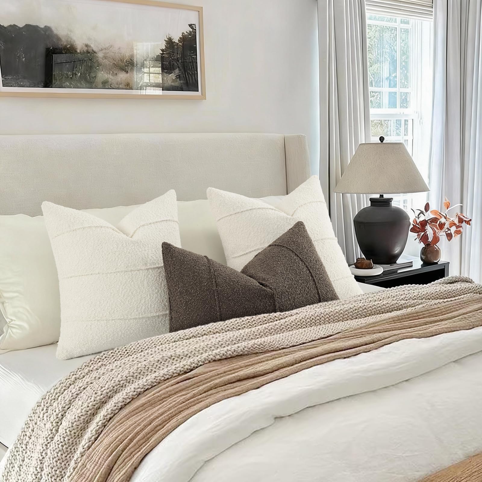 YCOLL Textured Boucle Throw Pillow Covers 20x20 Pack of 2 - Soft Neutral Striped Cushion Covers, Cozy Accent Decorative Pillow Covers for Couch, Sofa, Bed, Living Room (Beige)