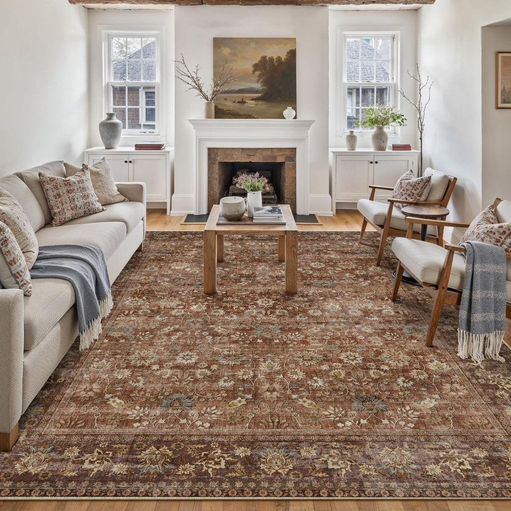 HUGEAR 5x7 Machine Washable Rugs Brown Hallway Area Rug Indoor Accent Rug Floral Low Pile Carpet Soft Throw Aesthetic Rug Bedroom Living Room Office Dining Room Kitchen Laundry Room Non Slip