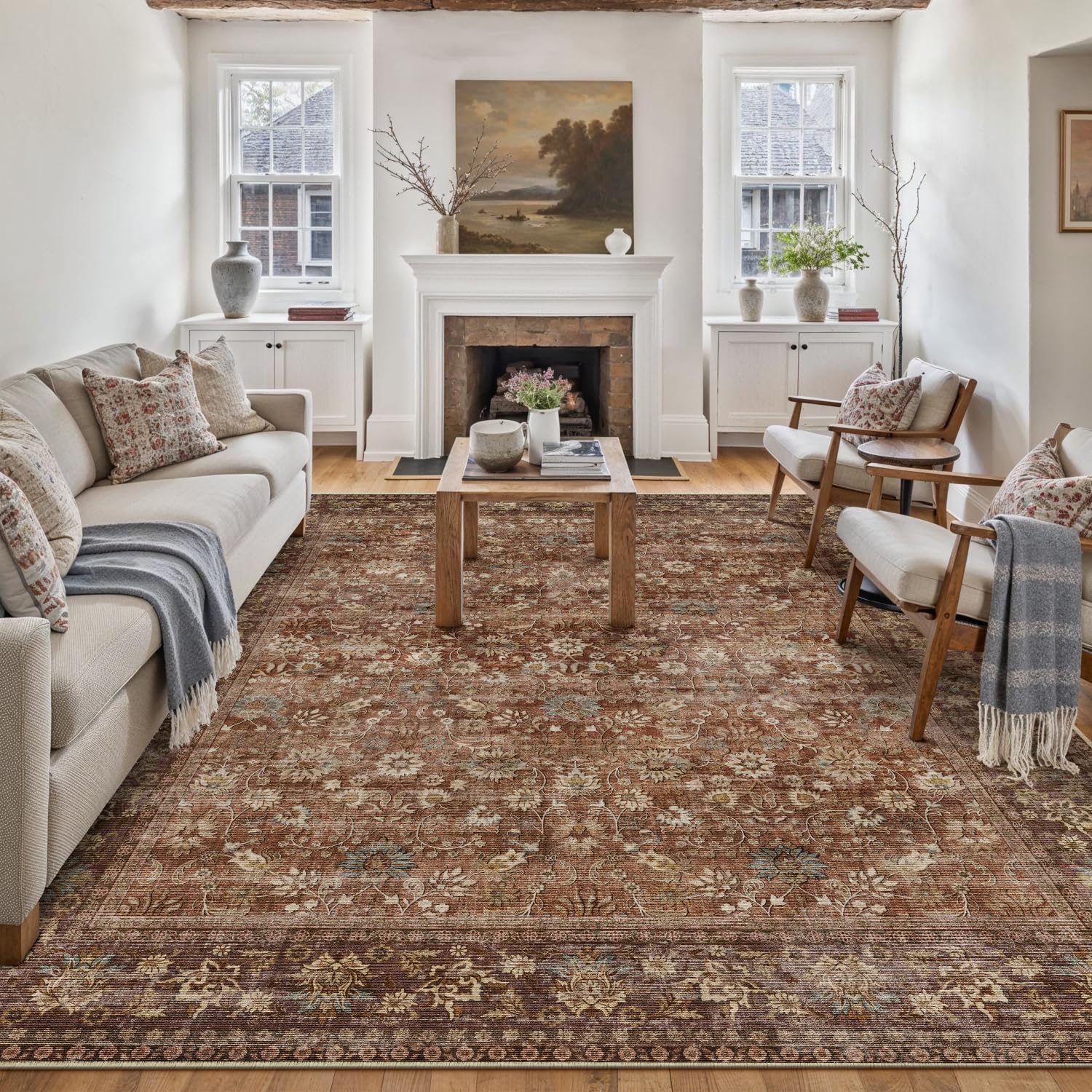 HUGEAR 5x7 Machine Washable Rugs Brown Hallway Area Rug Indoor Accent Rug Floral Low Pile Carpet Soft Throw Aesthetic Rug Bedroom Living Room Office Dining Room Kitchen Laundry Room Non Slip