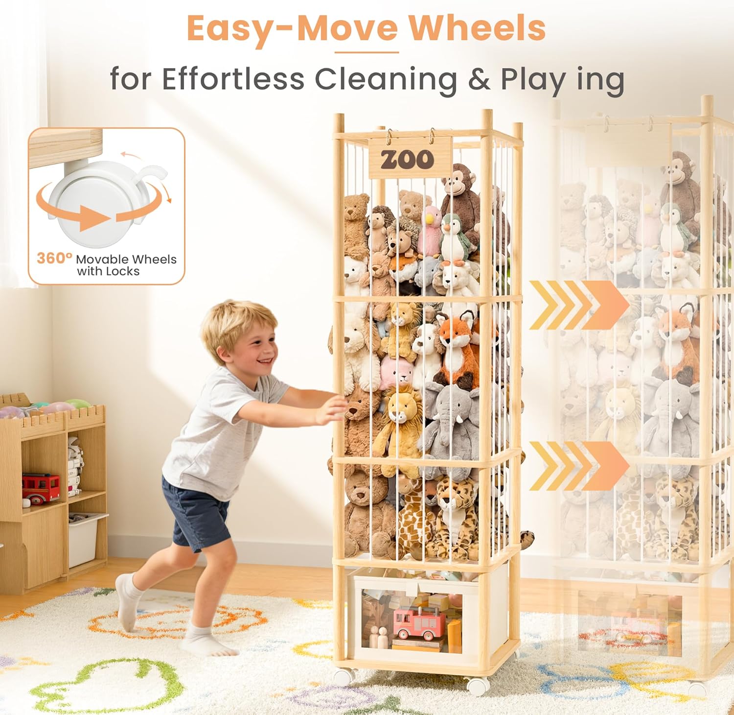 upsimples 58in Stuffed Animal Storage with Drawer and Wheels, Solid Wood Large Capacity Plushies Holder & Toy Organizer for Nursery, Kids Bedroom Corner and Play Room