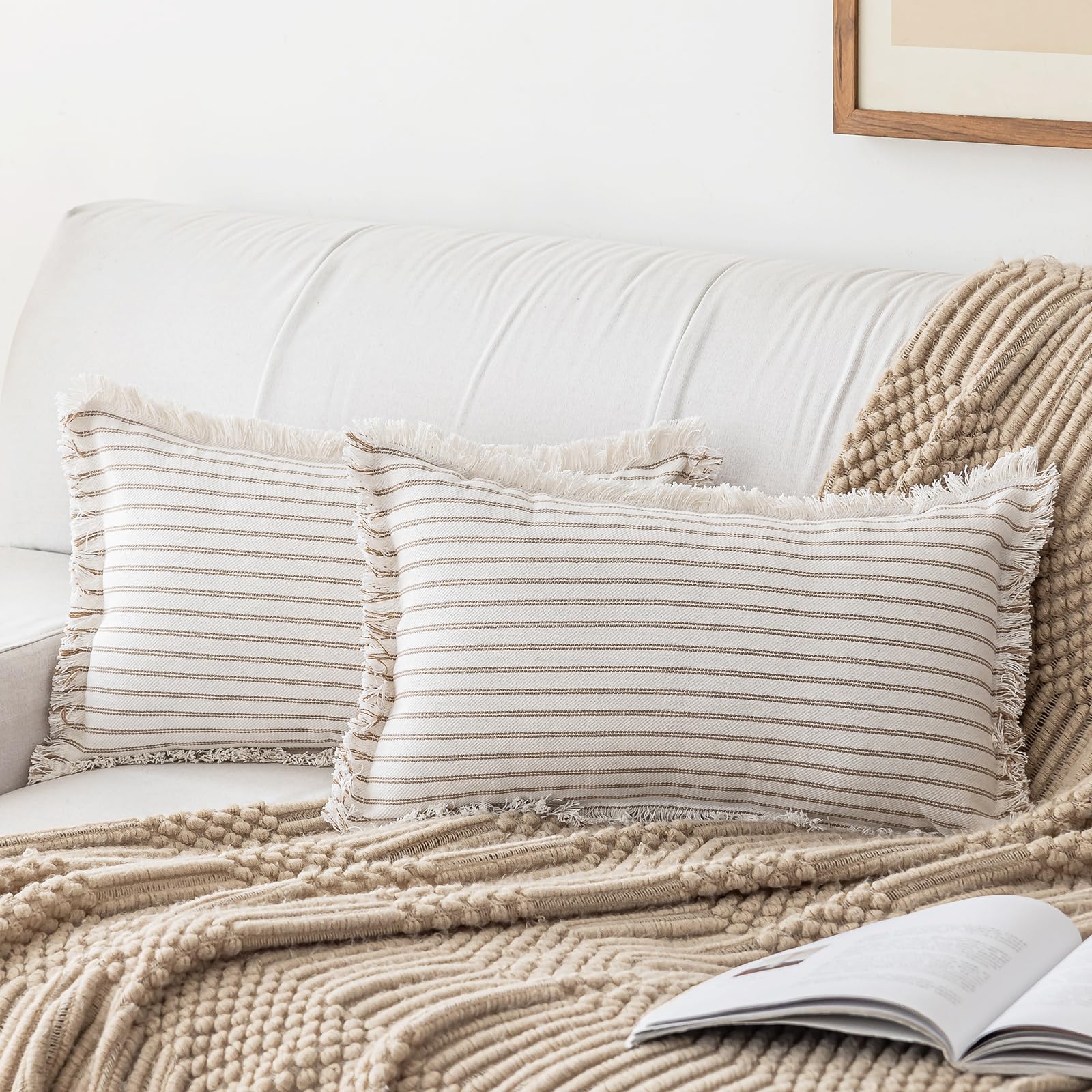 YEENAASY Throw Pillow Covers 20x20 Set of 2 Striped Fringe Pillow Cover Farmhouse Cushion Covers with Tassel Neutral Boho Pillows Decorative Square Pillowcase for Couch Sofa Bed, Black