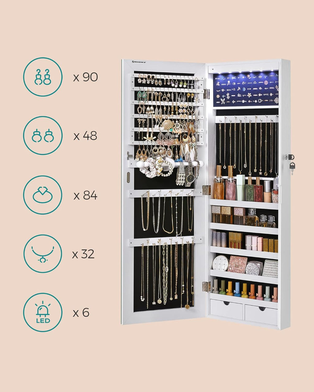 SONGMICS Hanging Jewelry Cabinet, Wall-Mounted Cabinet with LED Interior Lights, Door-Mounted Jewelry Organizer, Full-Length Mirror, Gift Idea, White UJJC99WT