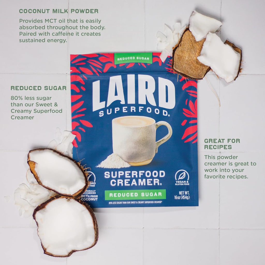 Laird Superfood Non-Dairy Coconut Powder Creamer - Sweet & Creamy + Adaptogens - Superfood Creamer with Functional Mushrooms - Non-GMO, Vegan, 8 oz. Bag, Pack of 1