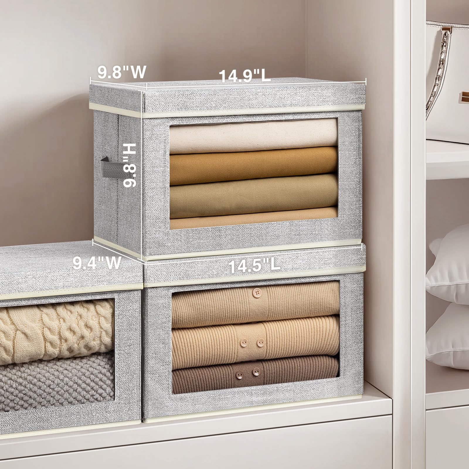 Homsorout Storage Bins with Lids - Fabric Storage Boxe with Window, Collapsible Closet Organizers with Handles, 3 Pack Decorative Bin, Home Cubes Baskets for Clothes, Hat, Books, Dark Grey