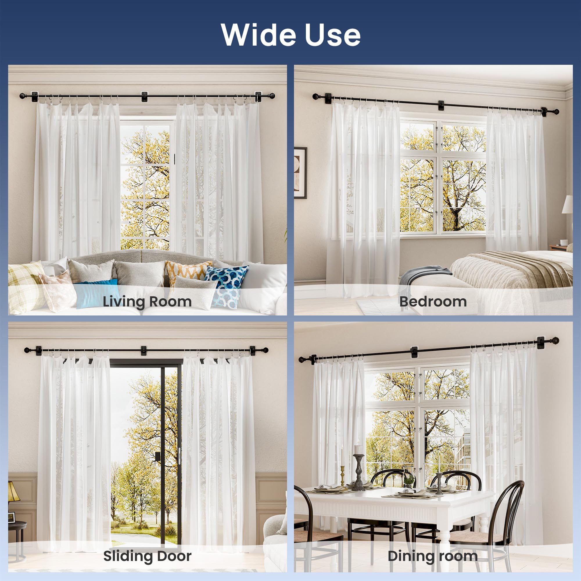 ENJOYBASICS No Drill Curtain Rods for Window 28 to 47 Inches, 5/8 Inch Diameter Renter Friendly Drapery Rod with Adhesive Brackets without Drilling, Adjustable from 27 to 52 Inches, Black