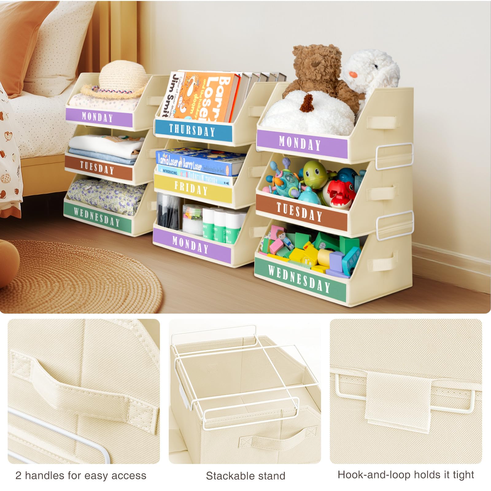 Homsorout Closet Organizers and Storage - 5 Tier Shelf Organizer with Weekly Labels, Stackable Storage Bins with Metal Frame, Foldable Cube Bins, Home Baskets for Kids and Adults, Beige