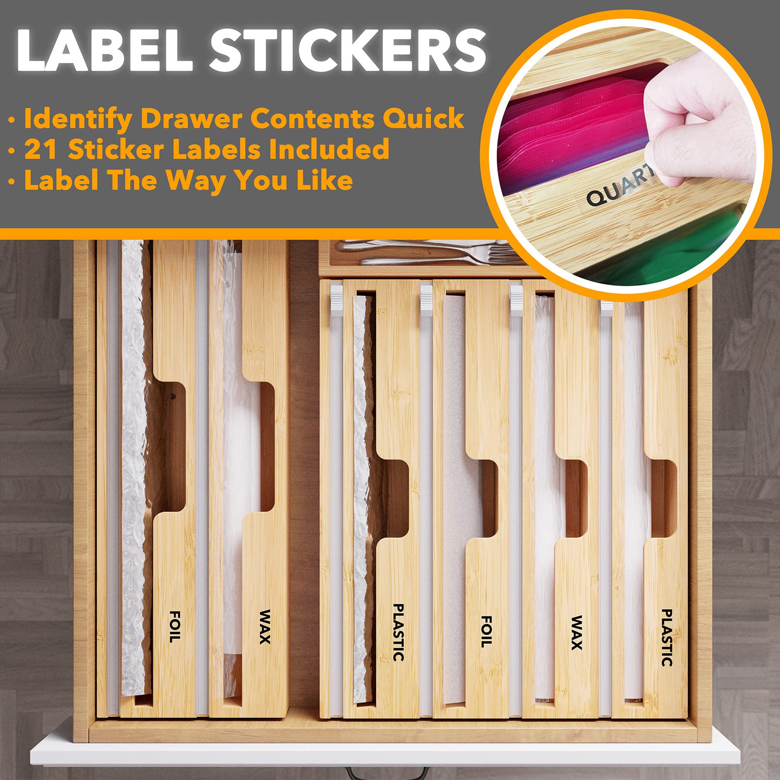 SpaceAid WrapNeat 3 in 1 Wrap Organizer with Cutter and Labels, Plastic Wrap, Aluminum Foil and Wax Bamboo Dispenser for Kitchen Storage Organization Holder for 12" Roll (Natural)