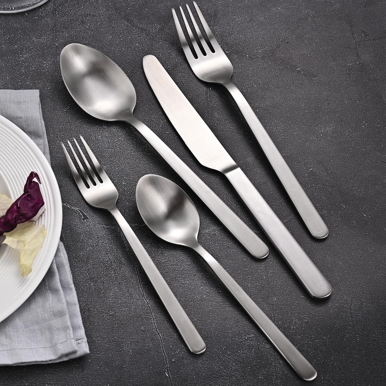 KINGSTONE Forged 30-Piece Silverware Set, Matte Flatware Set for 6, 18/10 Stainless Steel Silverware Utensils Set Dishwasher Safe (Matte Silver)
