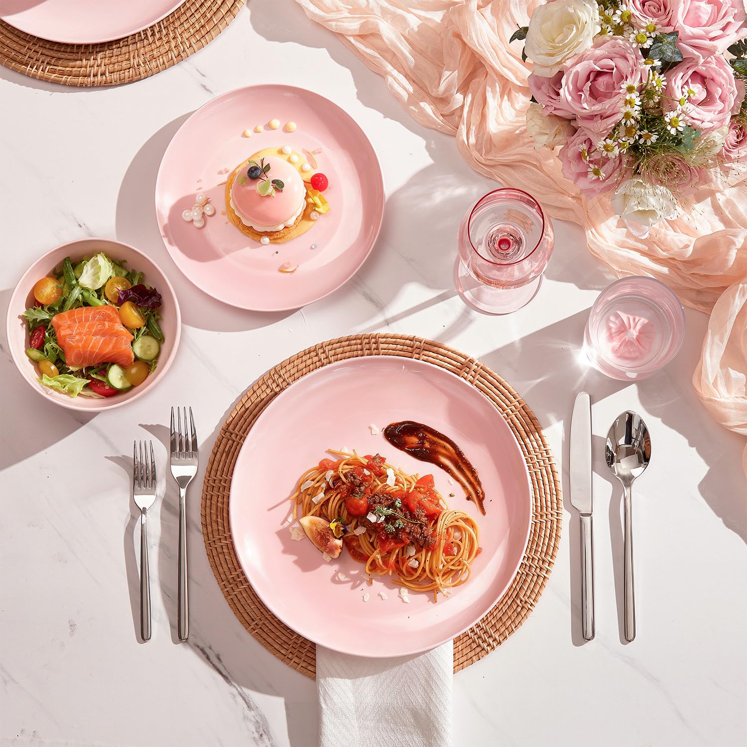 KINGSTONE 12-Piece Bone China Dinnerware Set for 4, Lightweight and Durable, Microwave and Dishwasher Safe, White Plates and Bowls for Everyday Use