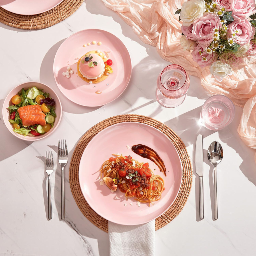 KINGSTONE 12-Piece Bone China Dinnerware Set for 4, Lightweight and Durable, Microwave and Dishwasher Safe, White Plates and Bowls for Everyday Use