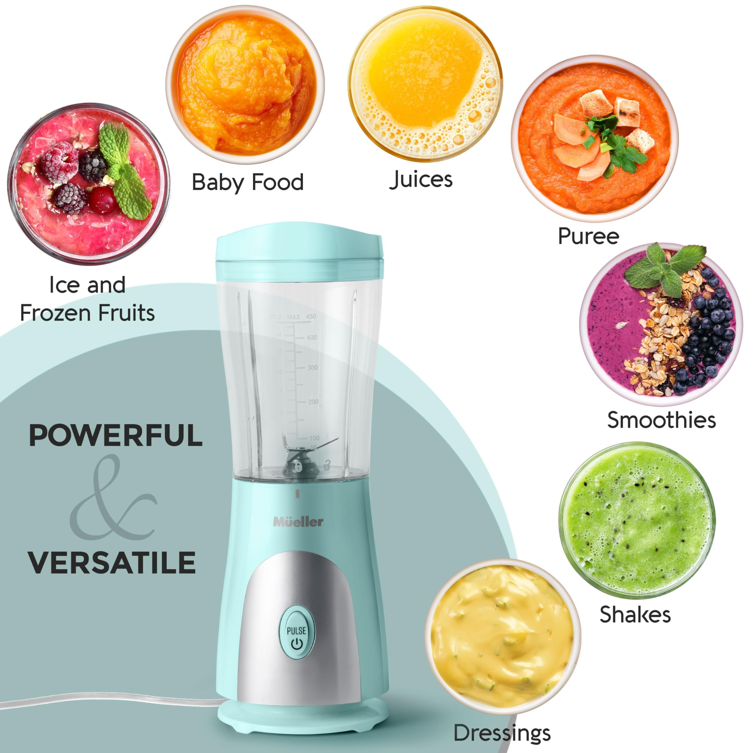 Mueller Smoothie Blender for Smoothies - Personal Blender for Shakes, Frozen Drinks, Baby Food & More, 15oz Travel Cup and Lid, Durable Stainless Steel Blades for Powerful Blending Performance, Black
