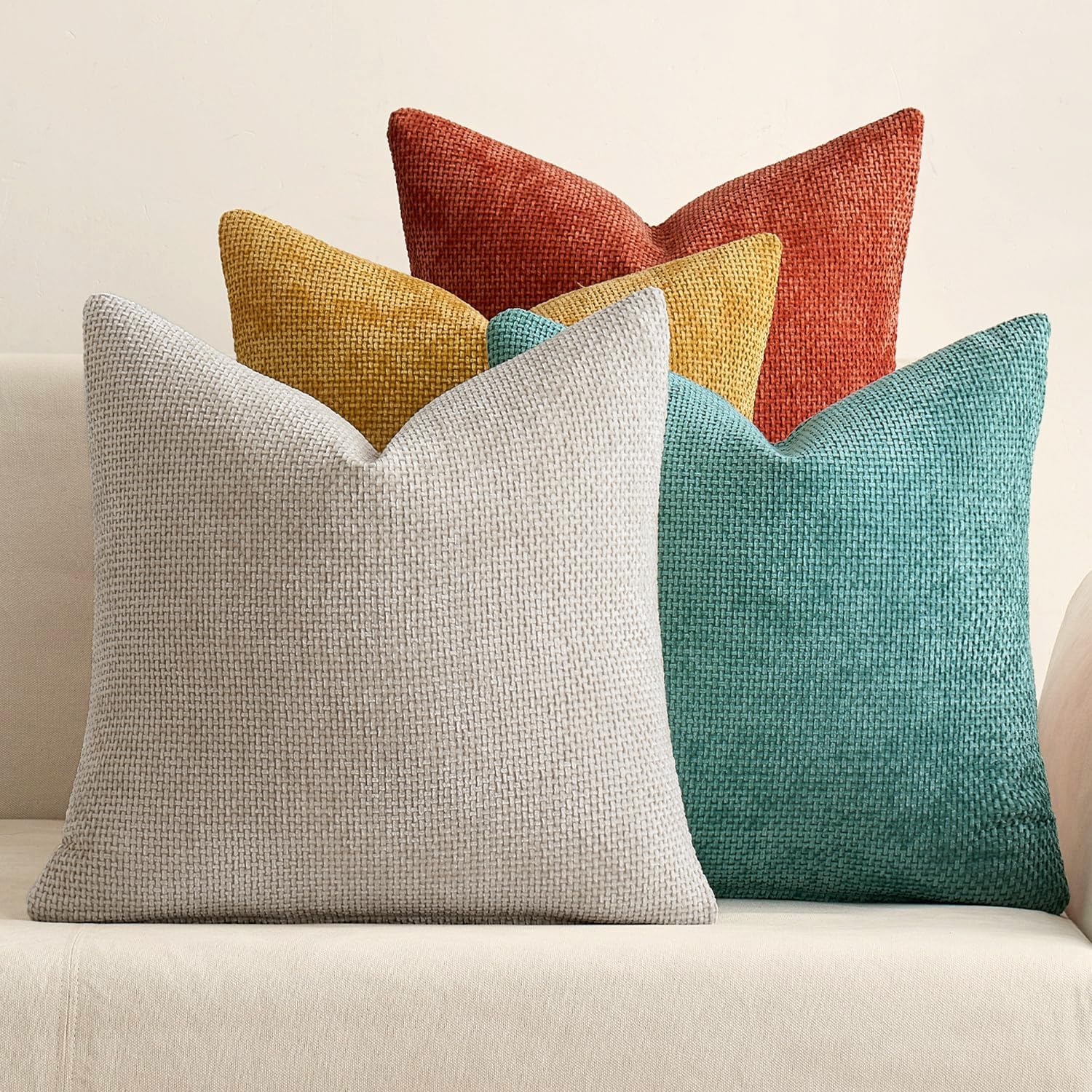 MIULEE Pack of 4 Couch Throw Pillow Covers 18x18 Inch Neutral Blue Soft Decorative Chenille Pillow Covers Farmhouse Accent Cushion Covers for Boho Western Spring Coastal Decor Sofa Bed Living Room
