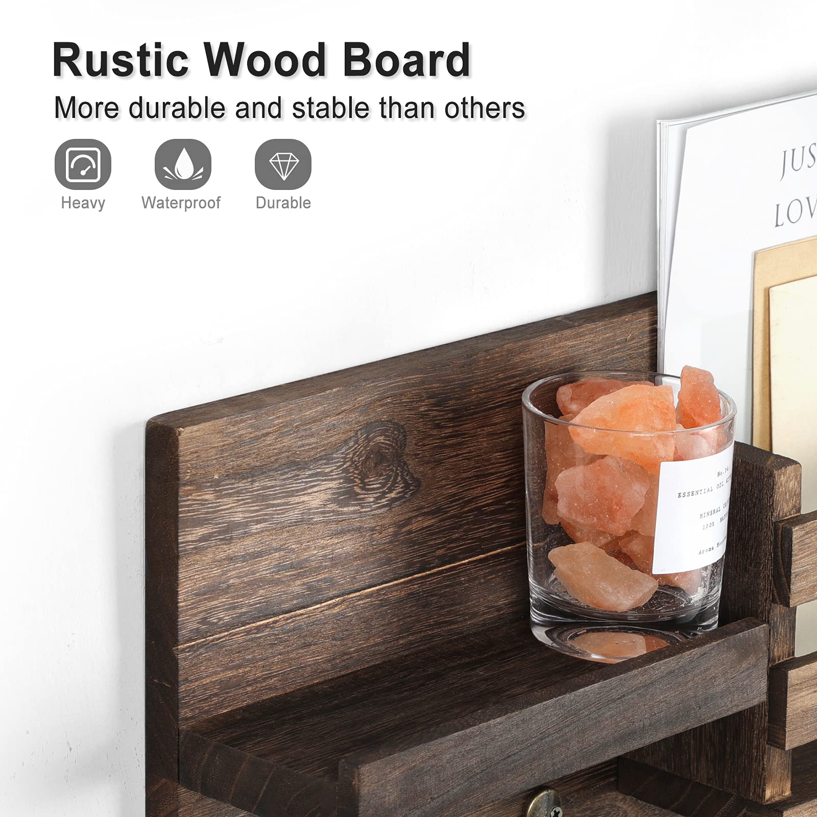 Mail Organizer for Wall Mount – Key Holder with Shelf Includes Letter Holder and Hooks for Coats, Dog Leashes – Rustic Wood with Flush Mounting Hardware (16.5” x 8.7” x 3.5”)