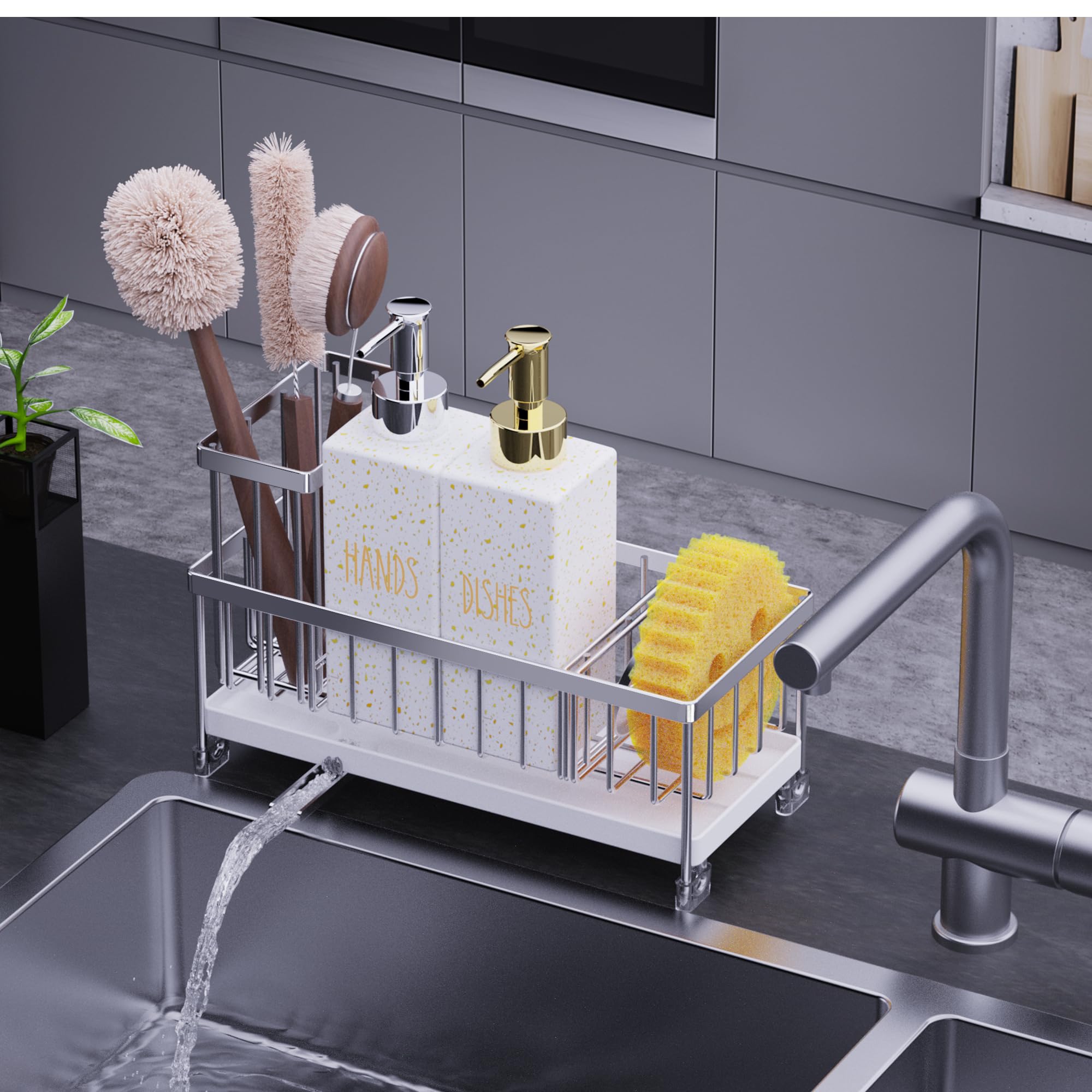 Cisily Juego de dispensador de jabón de cocina con organizador para fregadero, botella de vidrio de 12 onzas, dispensador de jabón para manos y platos con soporte para esponja, accesorios organizadores de fregadero de cocina de acero inoxidable negro